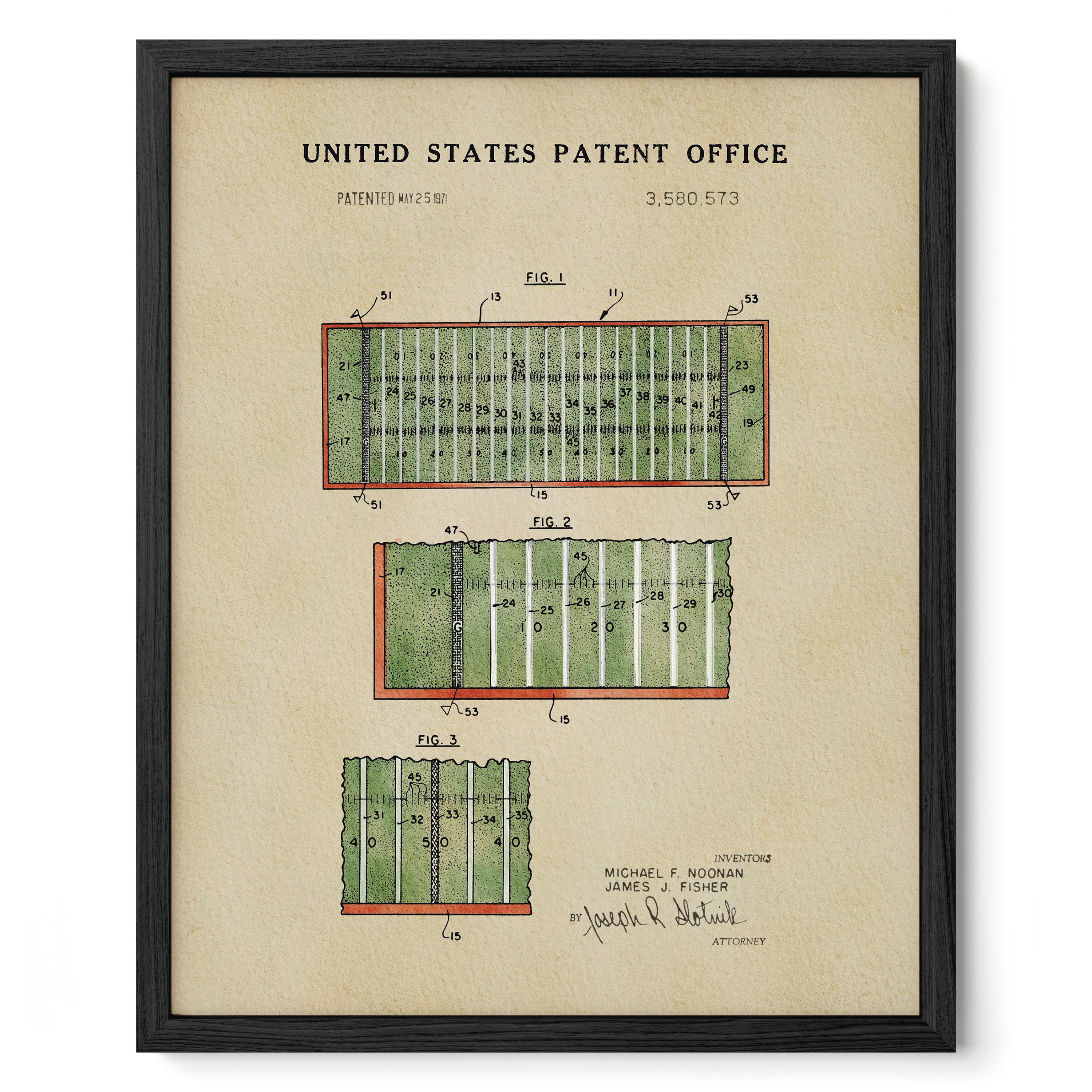 The image is a framed print depicting a patent application for a football field.