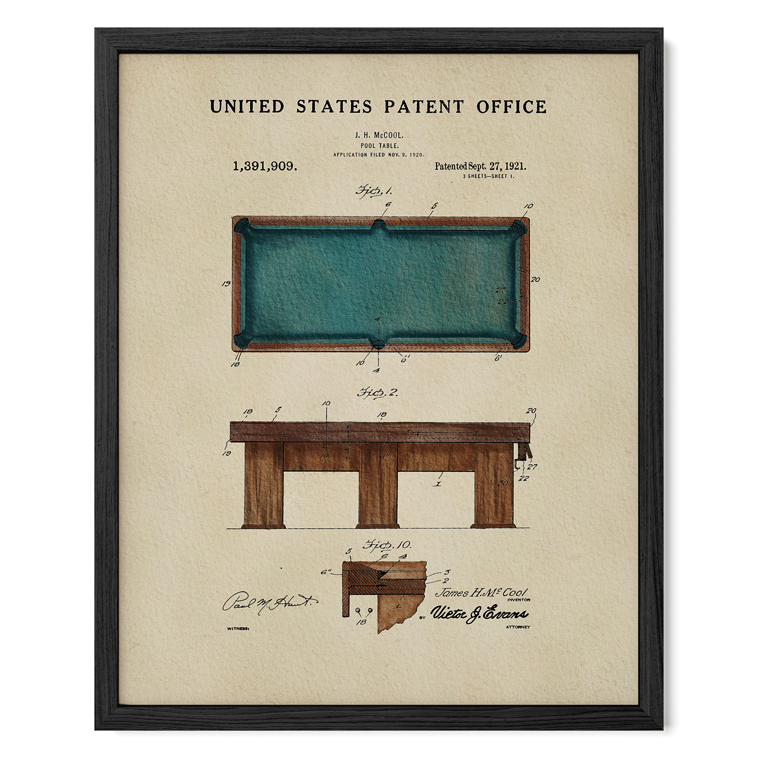 The image is a framed vintage patent drawing of a pool table, featuring detailed technical drawings and annotations.