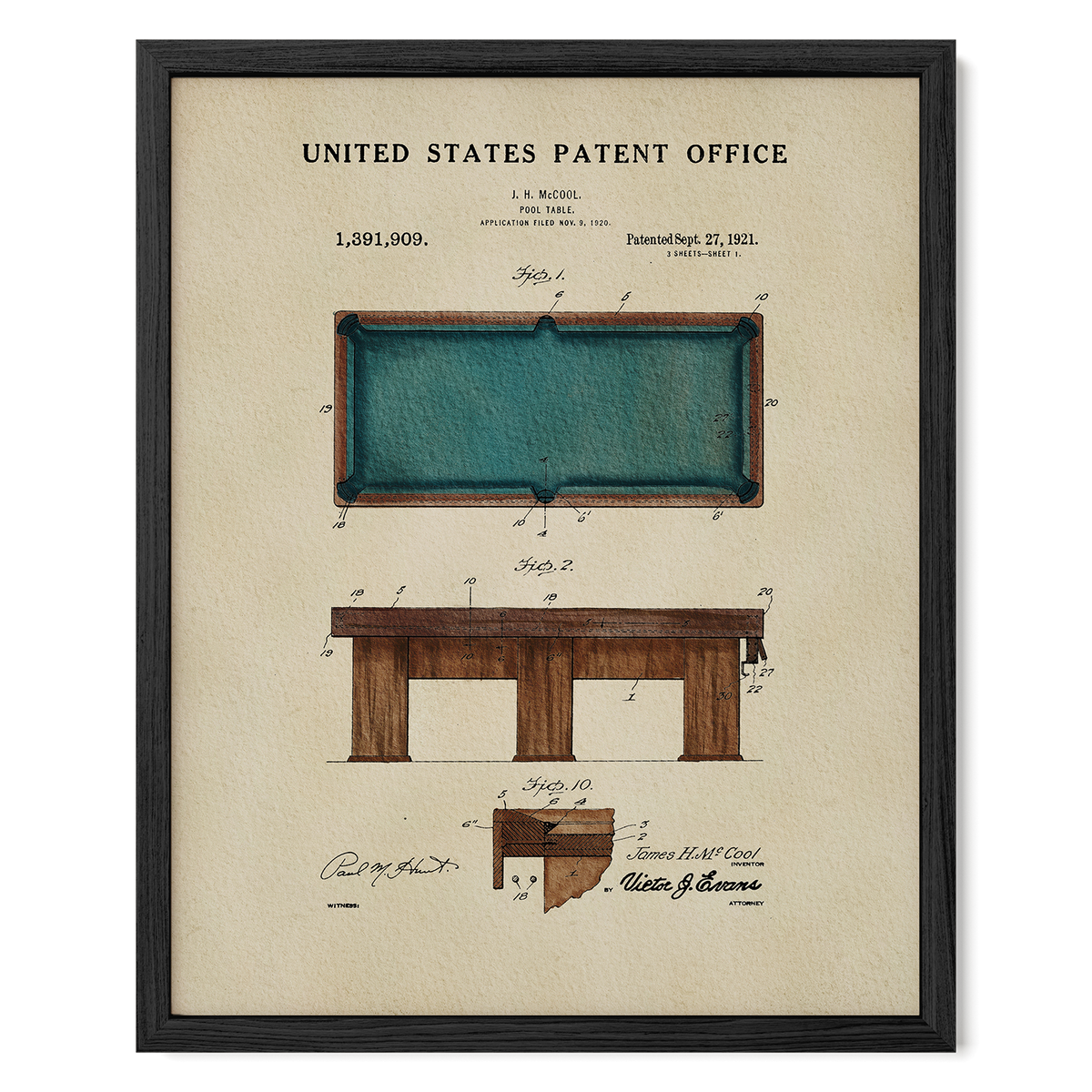 The image is a framed vintage patent drawing of a pool table, featuring detailed technical drawings and annotations.