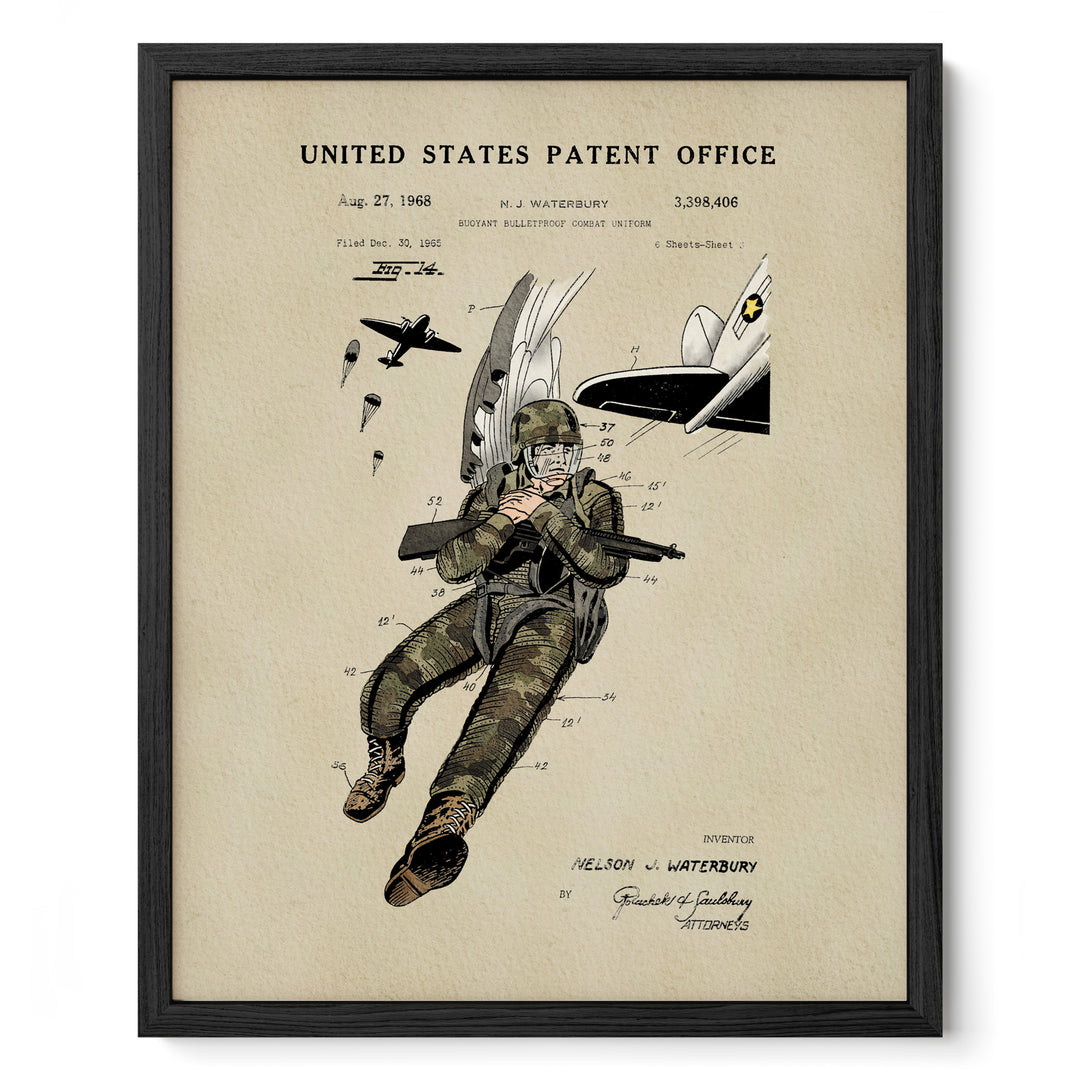 The image is a framed patent drawing depicting a soldier in camouflage uniform and helmet, holding a rifle and surrounded by parachutes, with a plane in the background.