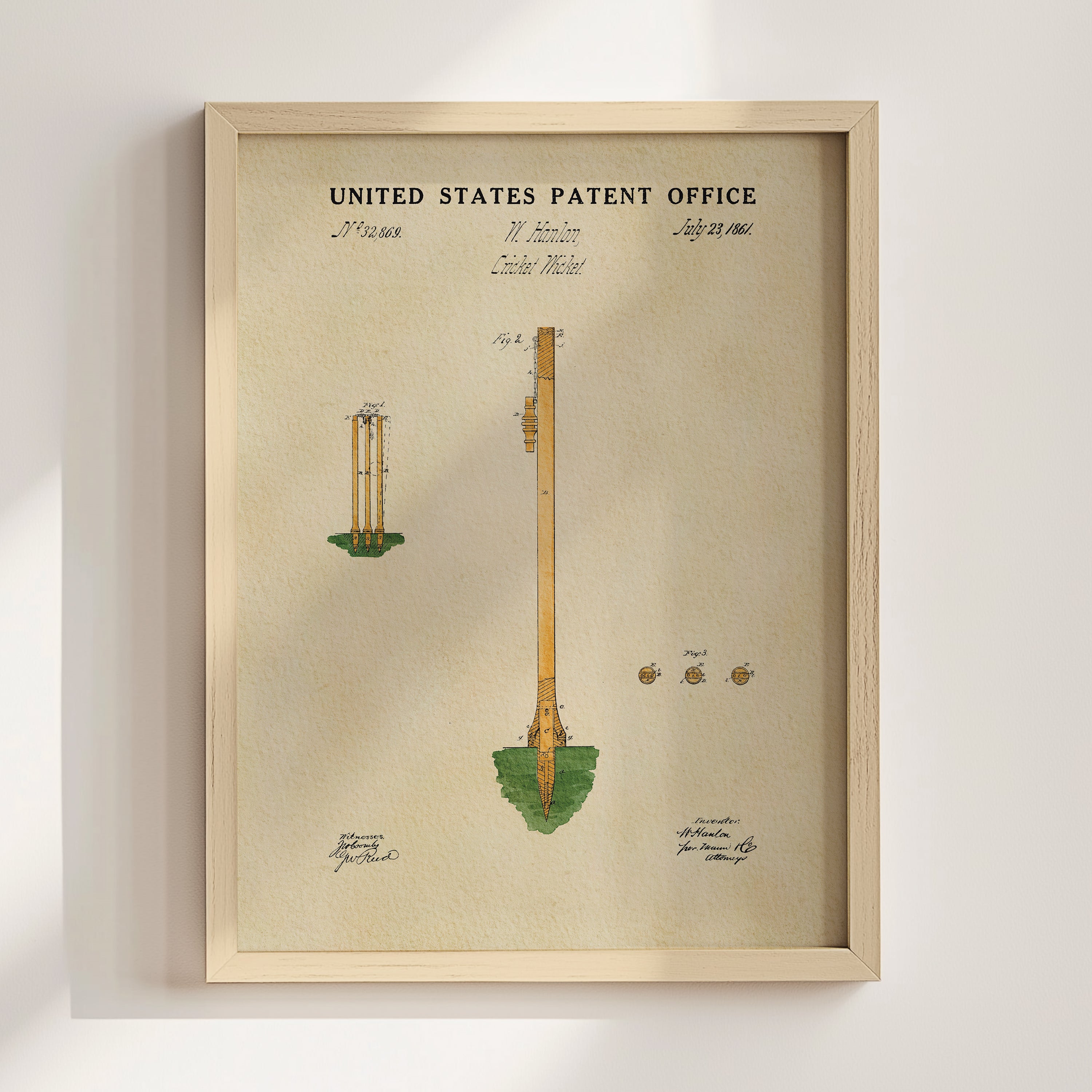 The image is a framed print of a United States patent office patent from the year 1885, featuring an illustration of a tall, yellow structure with a green base.