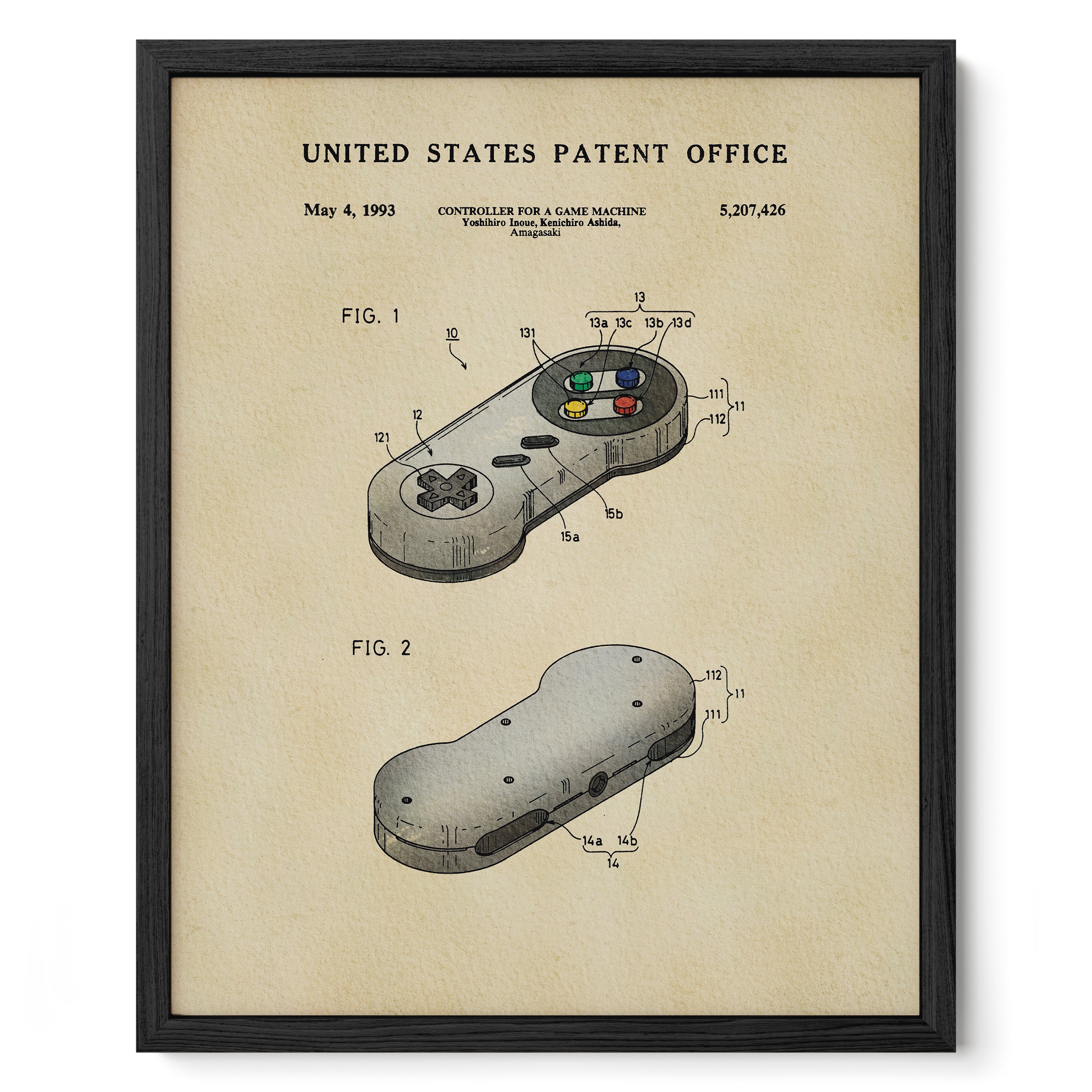 The image is a framed patent drawing depicting a game controller, specifically a Nintendo GameCube controller, with various technical drawings and specifications.
