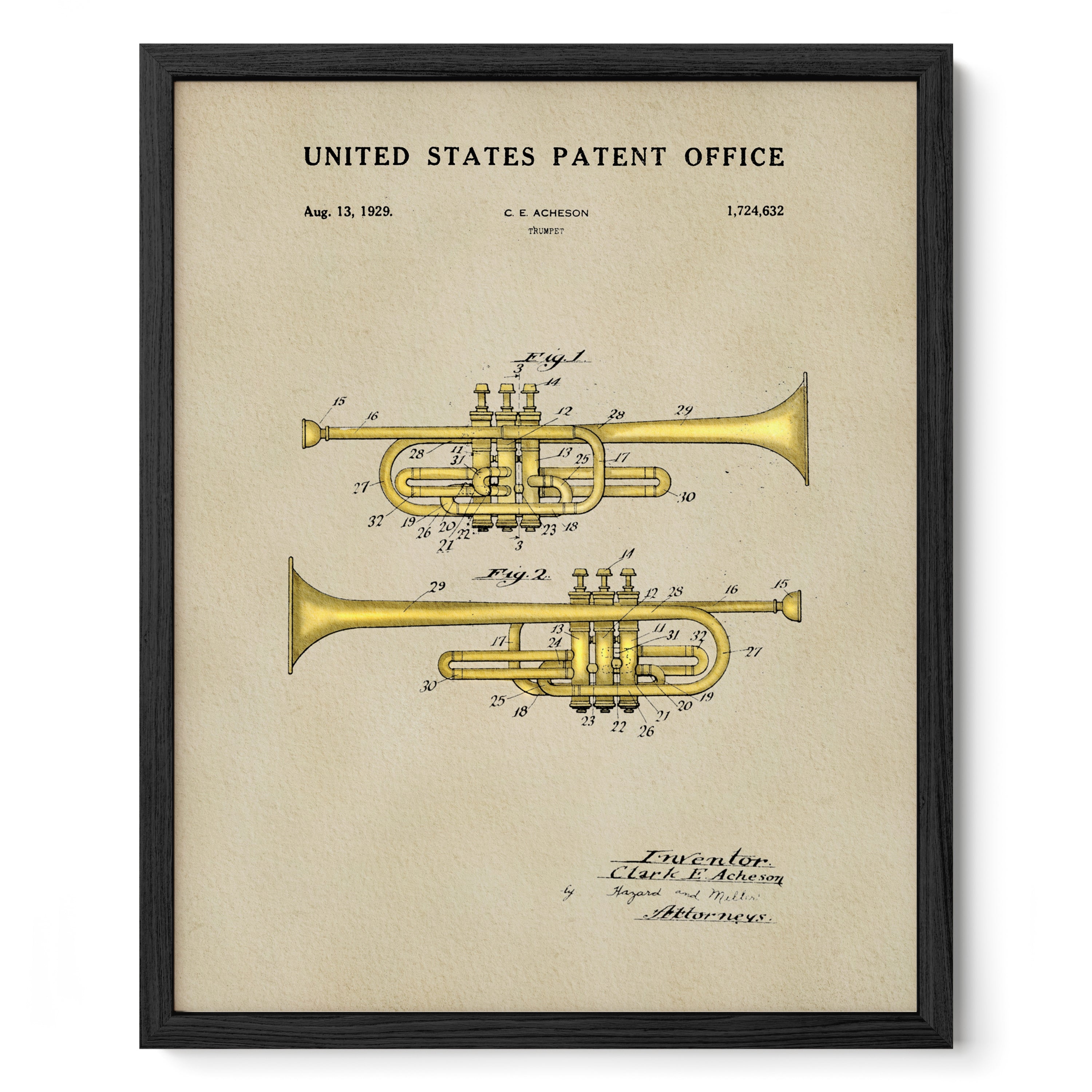 The image is a framed patent drawing of a trumpet, depicting the design and features of the instrument.
