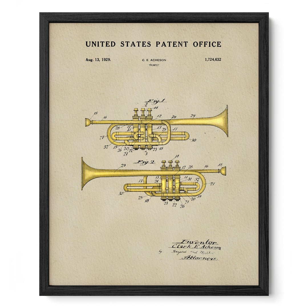 The image is a framed patent drawing of a trumpet, depicting the design and features of the instrument.