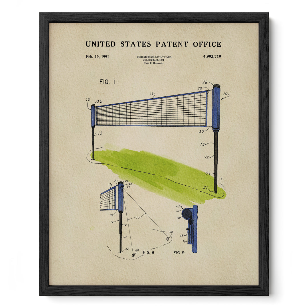 The image is a framed patent drawing of a volleyball net, depicting the net's design and features.