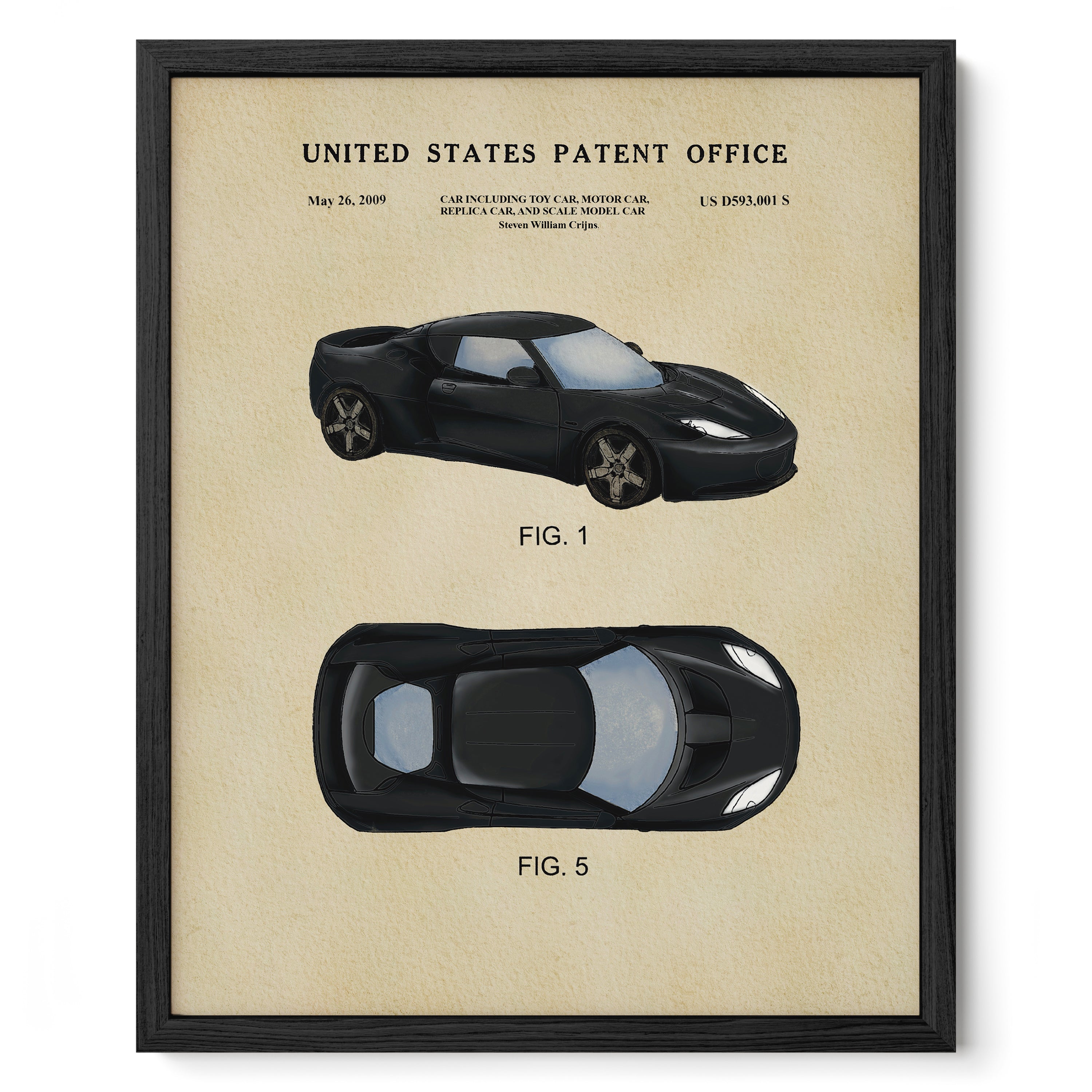 The image is a framed print featuring a detailed illustration of a black sports car, along with two technical drawings of the car.