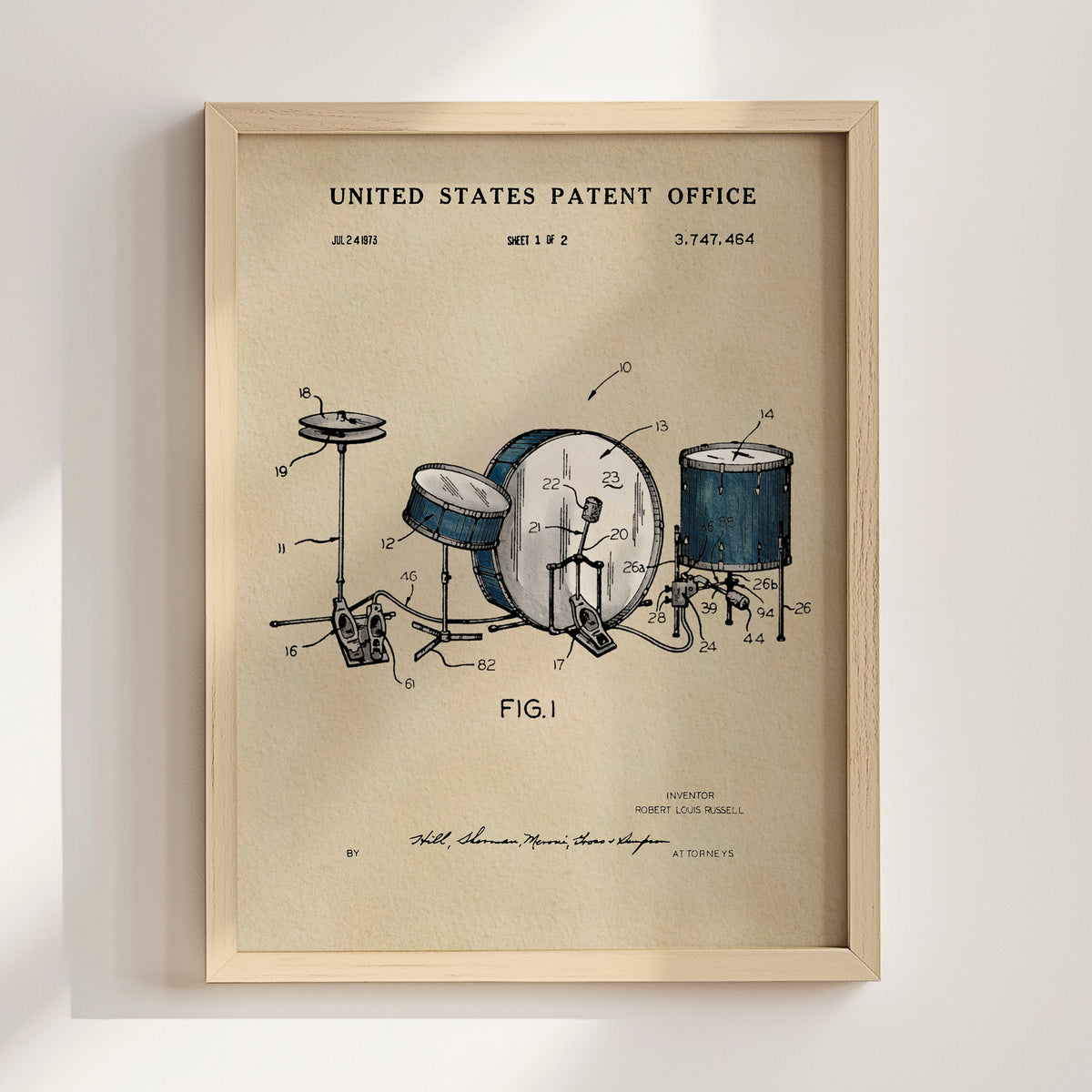 The image is a framed patent drawing depicting a drum set, with various technical drawings and labels.