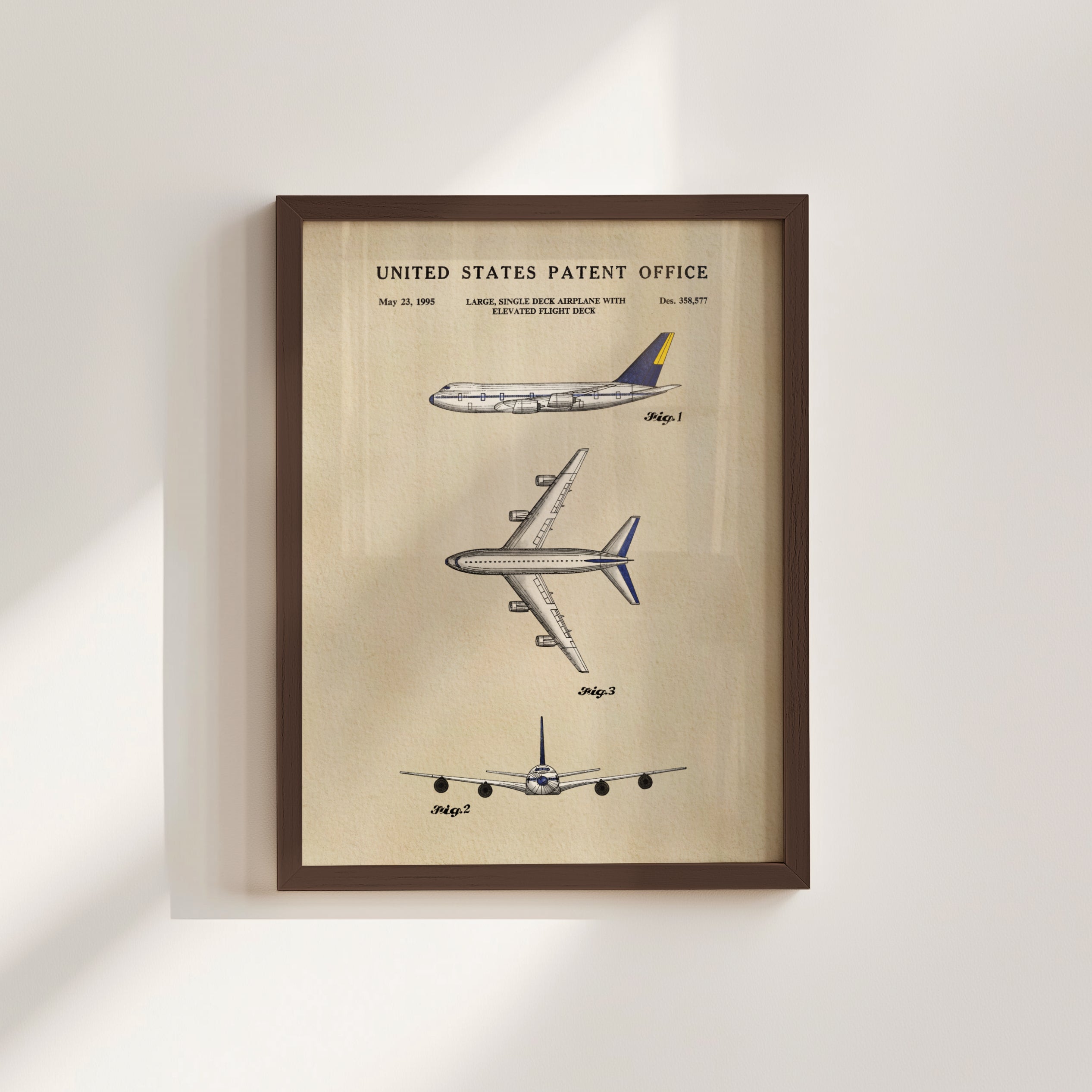 The image is a framed patent drawing depicting three different airplanes, including a large single-aisle airplane and two smaller single-aisle airplanes.