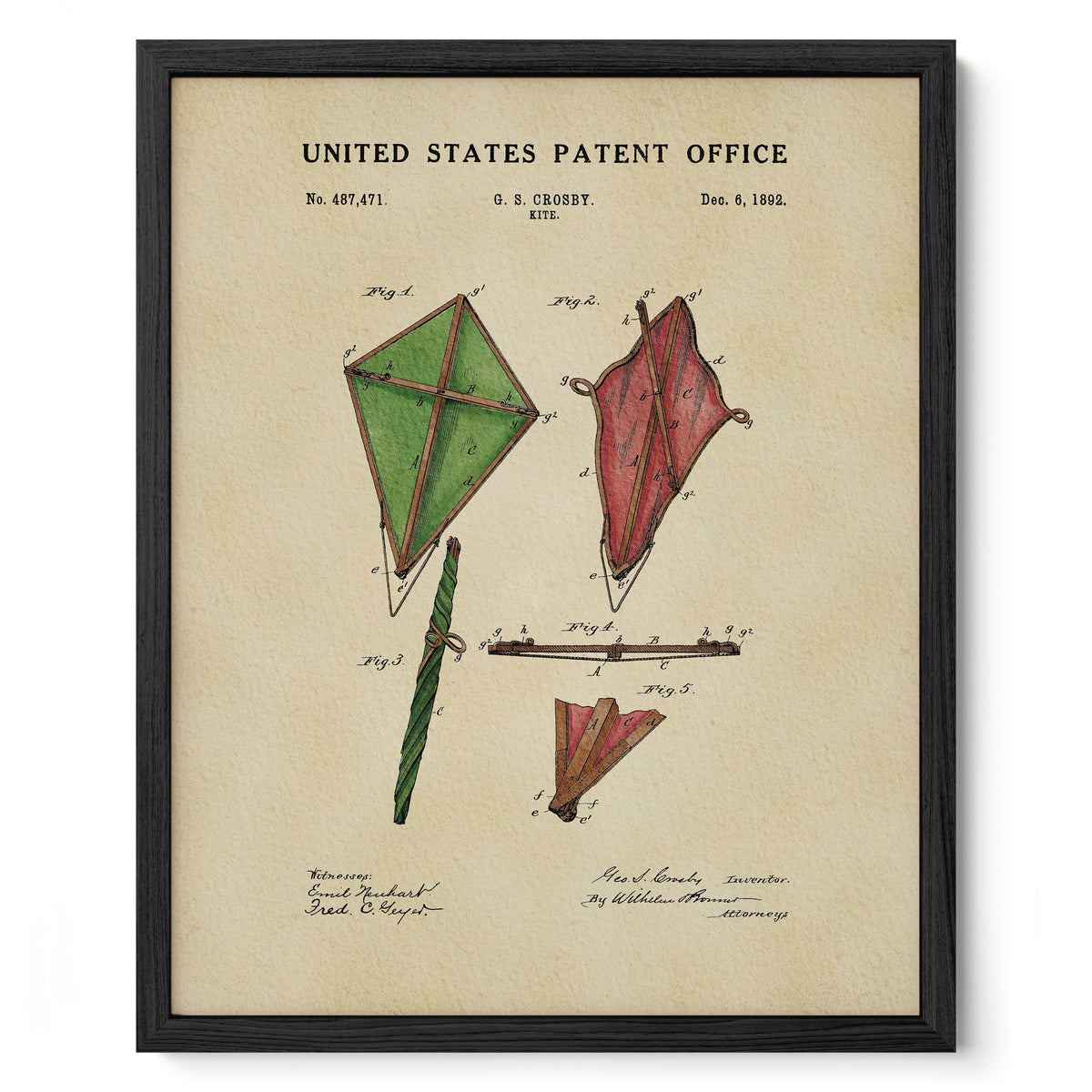 The image is a framed print depicting a kite design from the United States Patent Office, dated December 18, 1882.