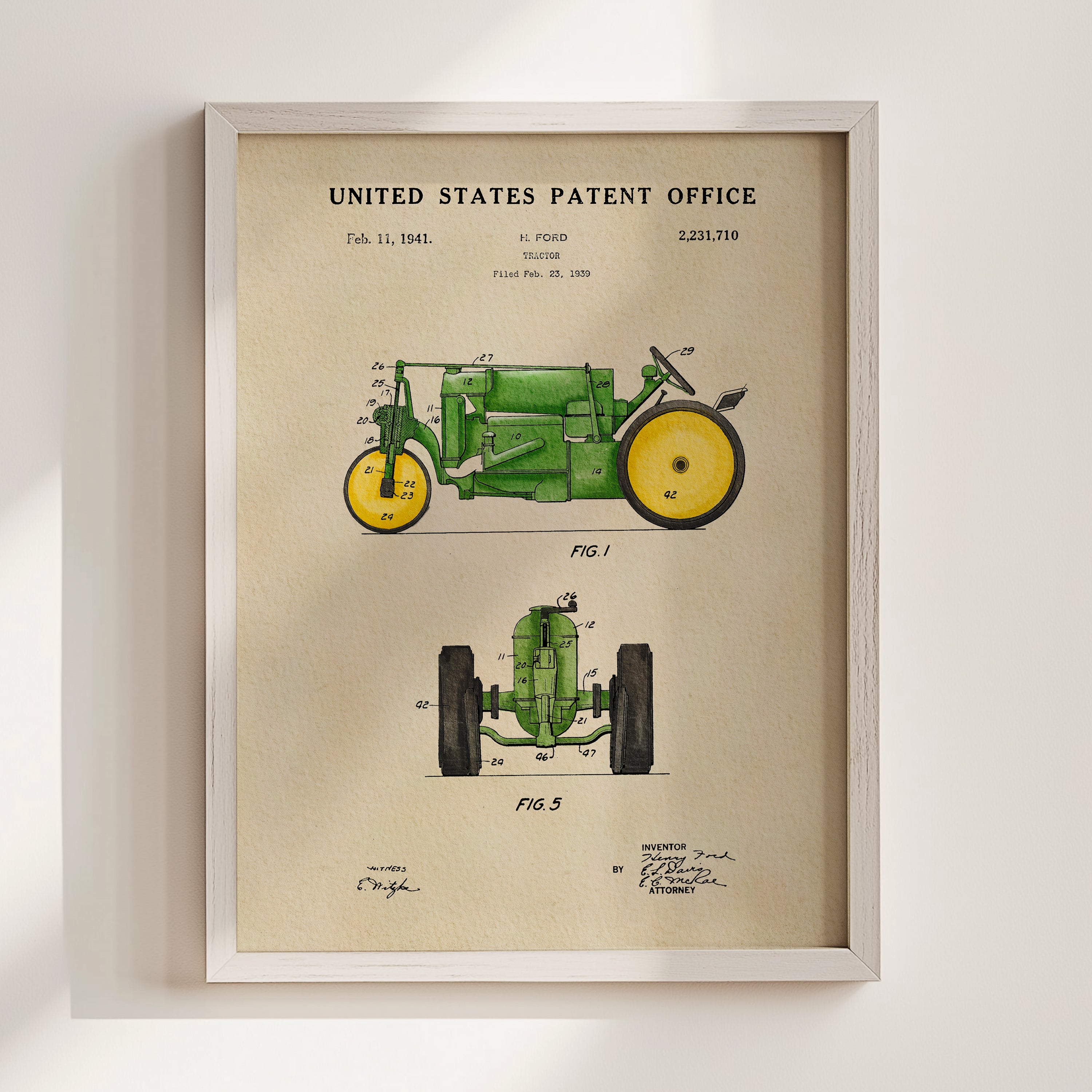 The image is a framed patent drawing of a tractor, depicting its design and features.