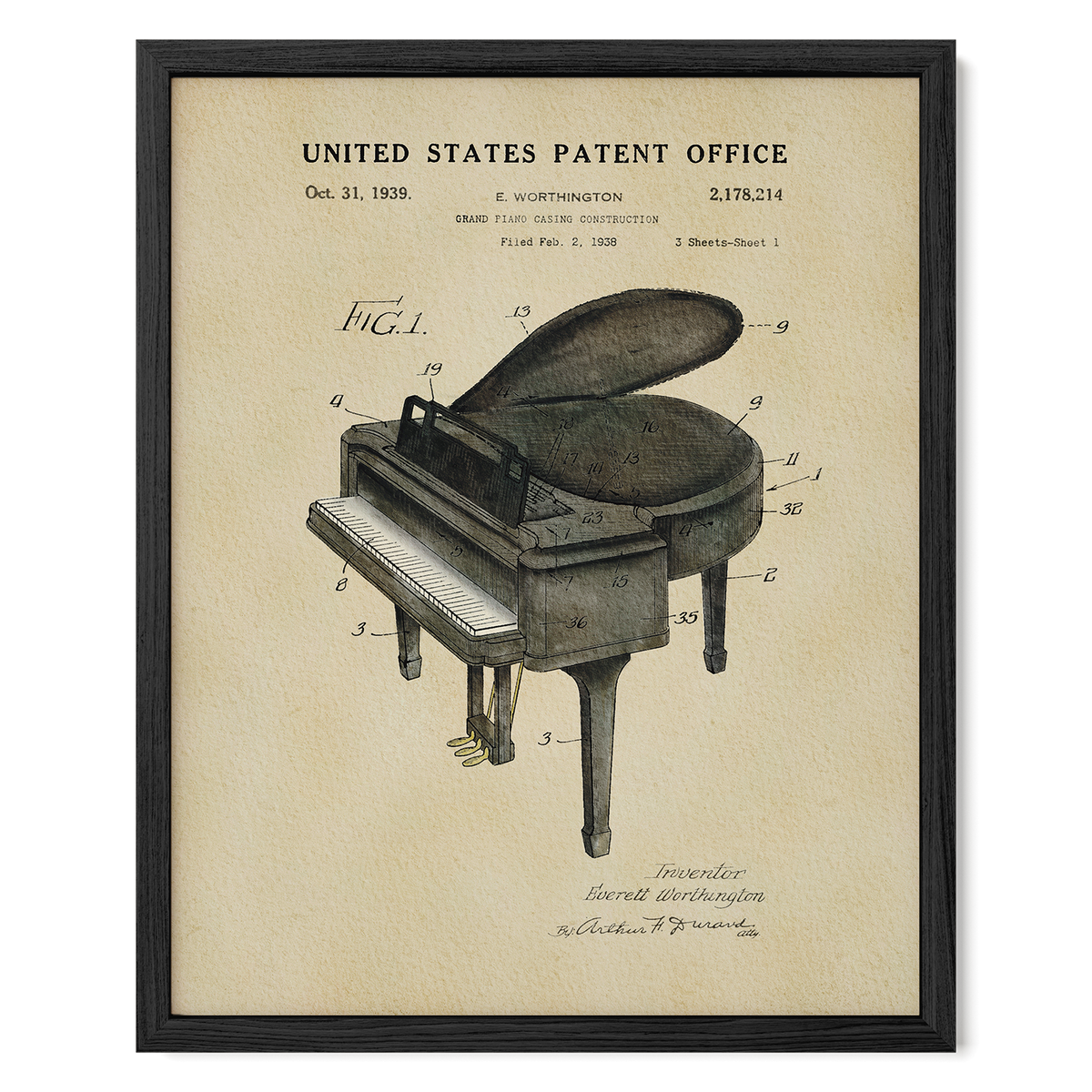 The image is a framed patent drawing of a grand piano, depicting the design and construction of the instrument.