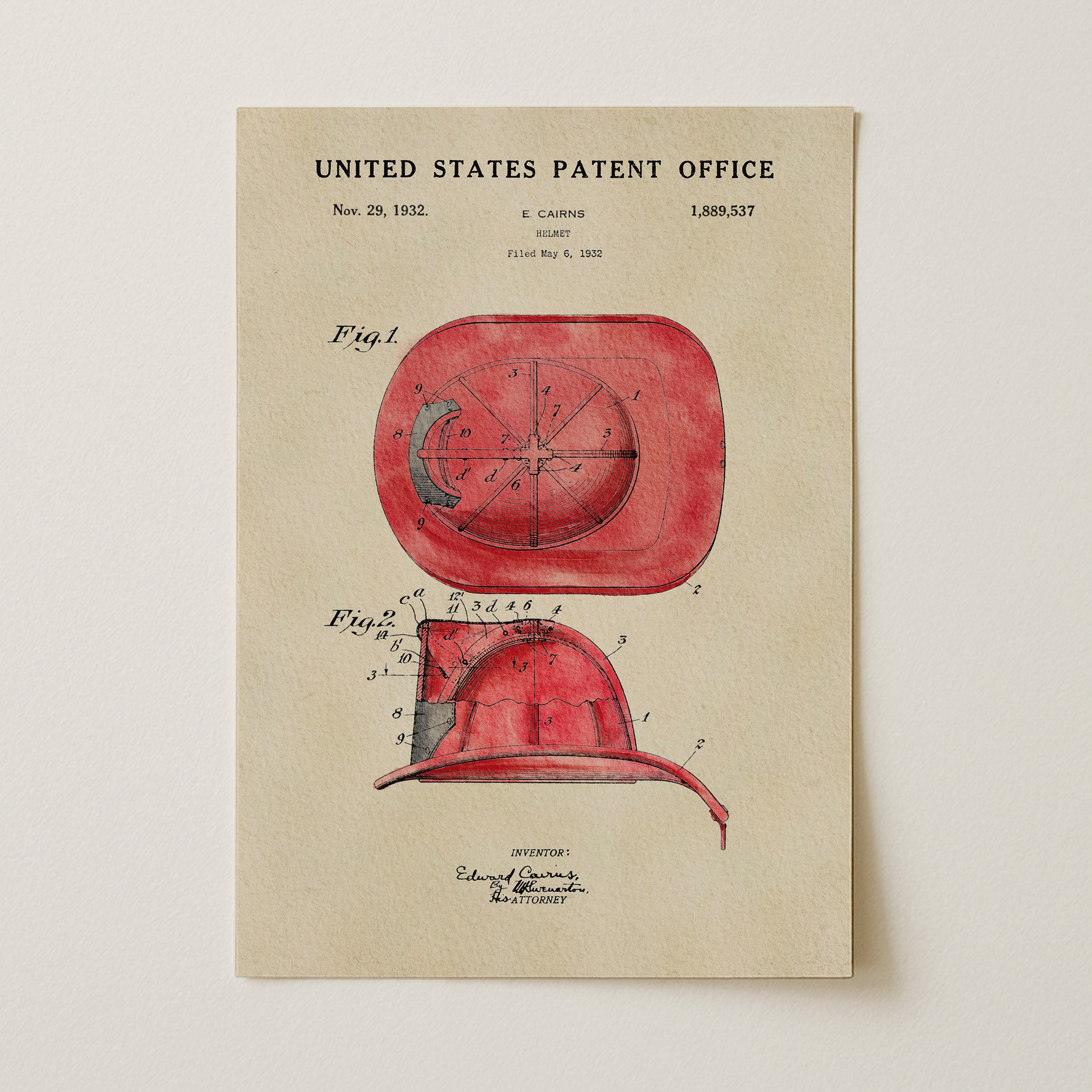 The image is a vintage United States patent office document from Nov. 29, 1932, featuring a detailed illustration of a red fire helmet with various markings and measurements.