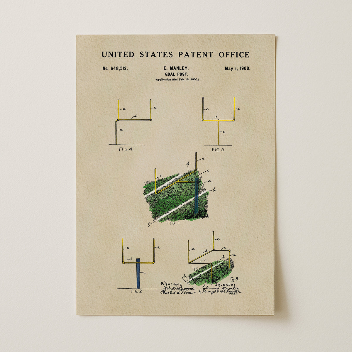 The image is a patent drawing from the United States Patent Office, depicting a football goal post and its components.