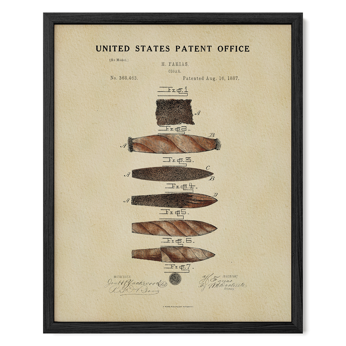 The image is a framed patent drawing depicting various cigar models, including a cigar with a large central piece and smaller pieces on either side.