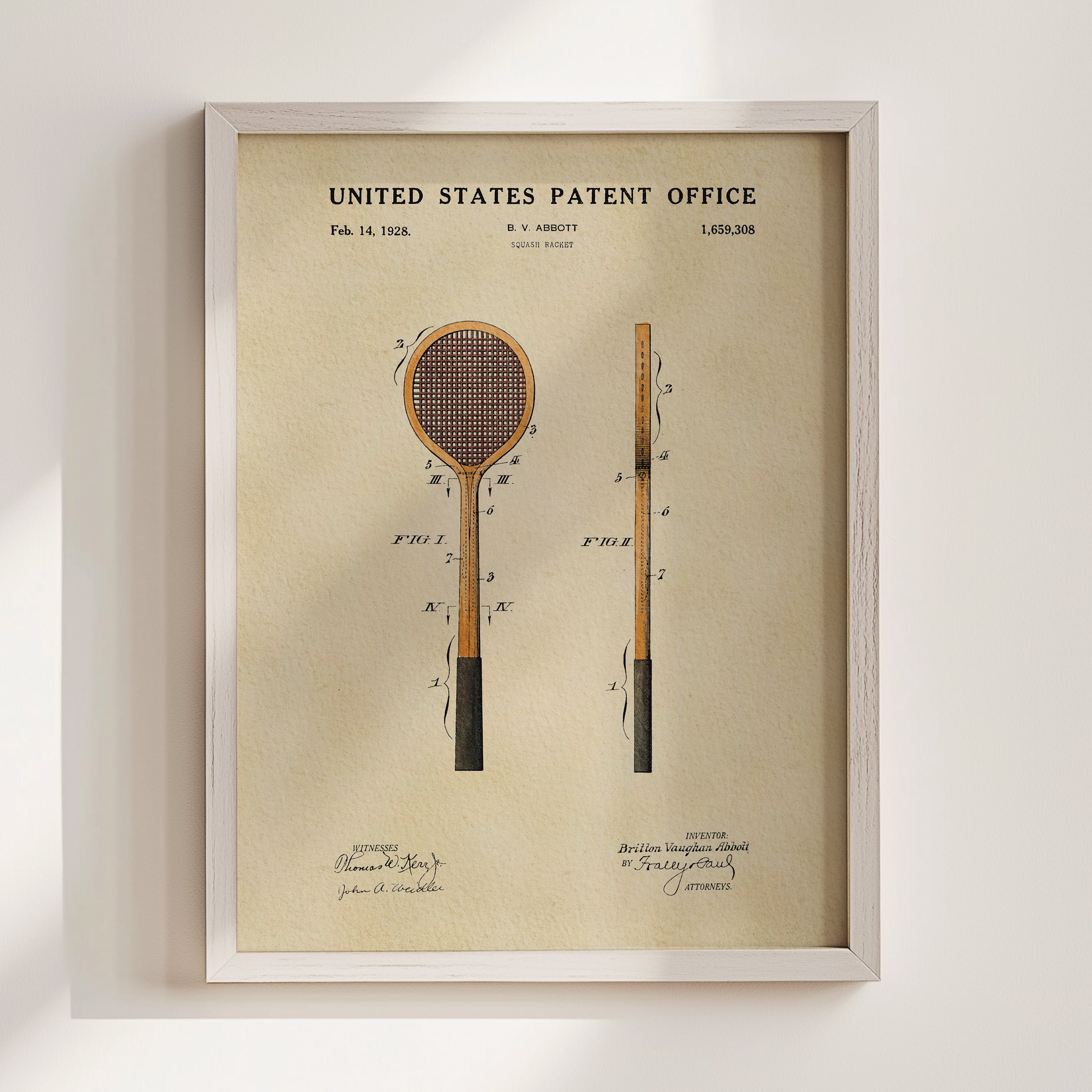 The image is a framed patent drawing depicting a tennis racket, with the title 