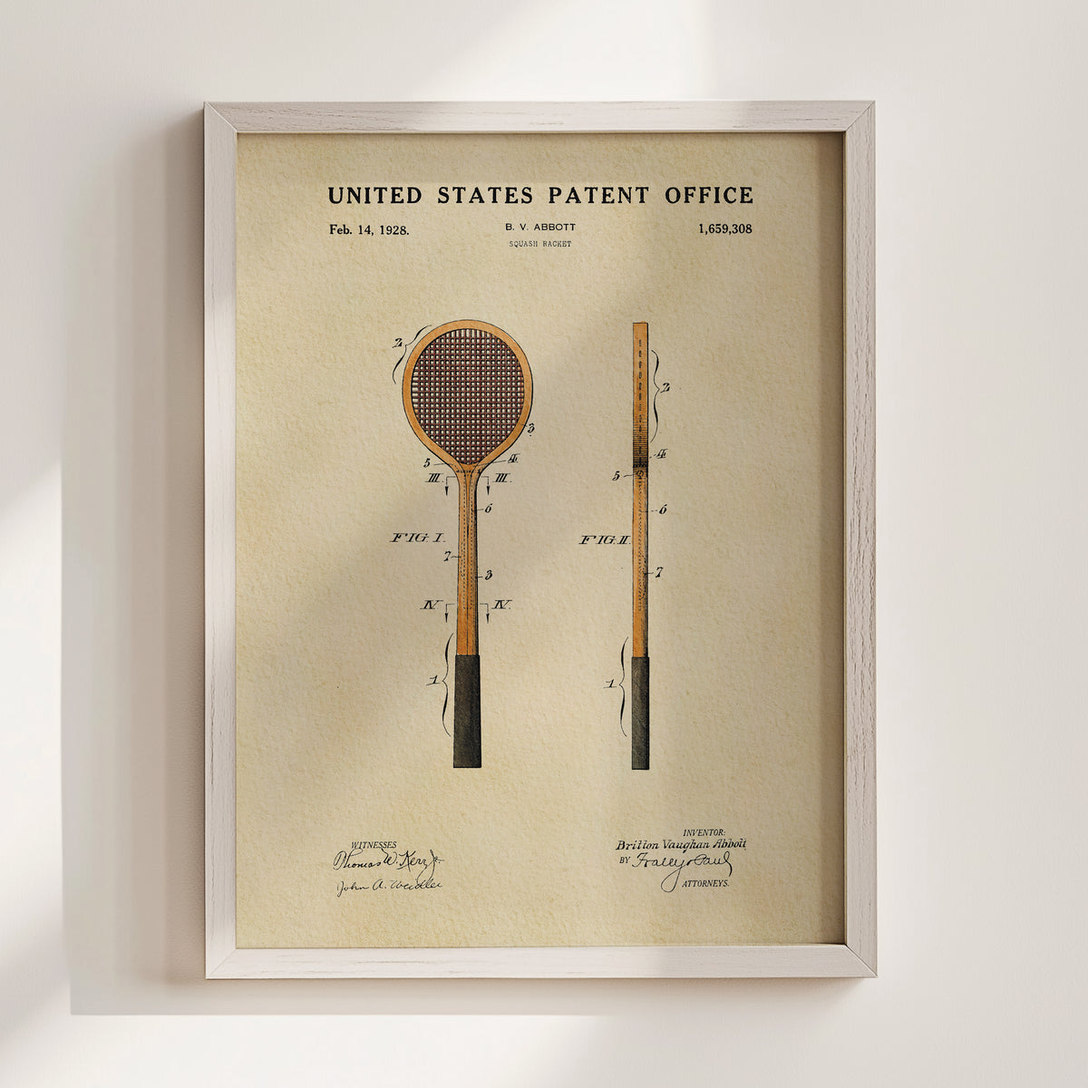 The image is a framed patent drawing depicting a tennis racket, with the title "United States Patent Office" and the date February 14, 1928.
