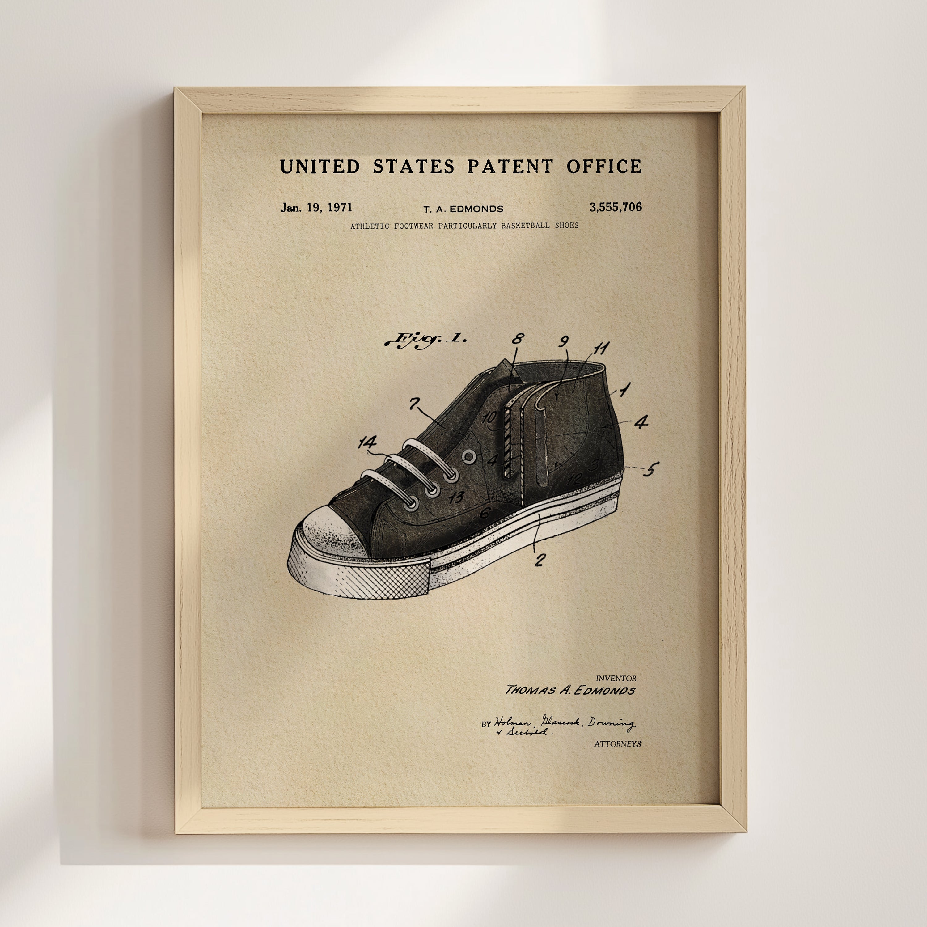 The image is a framed patent drawing of a shoe, depicting the design and features of the shoe.