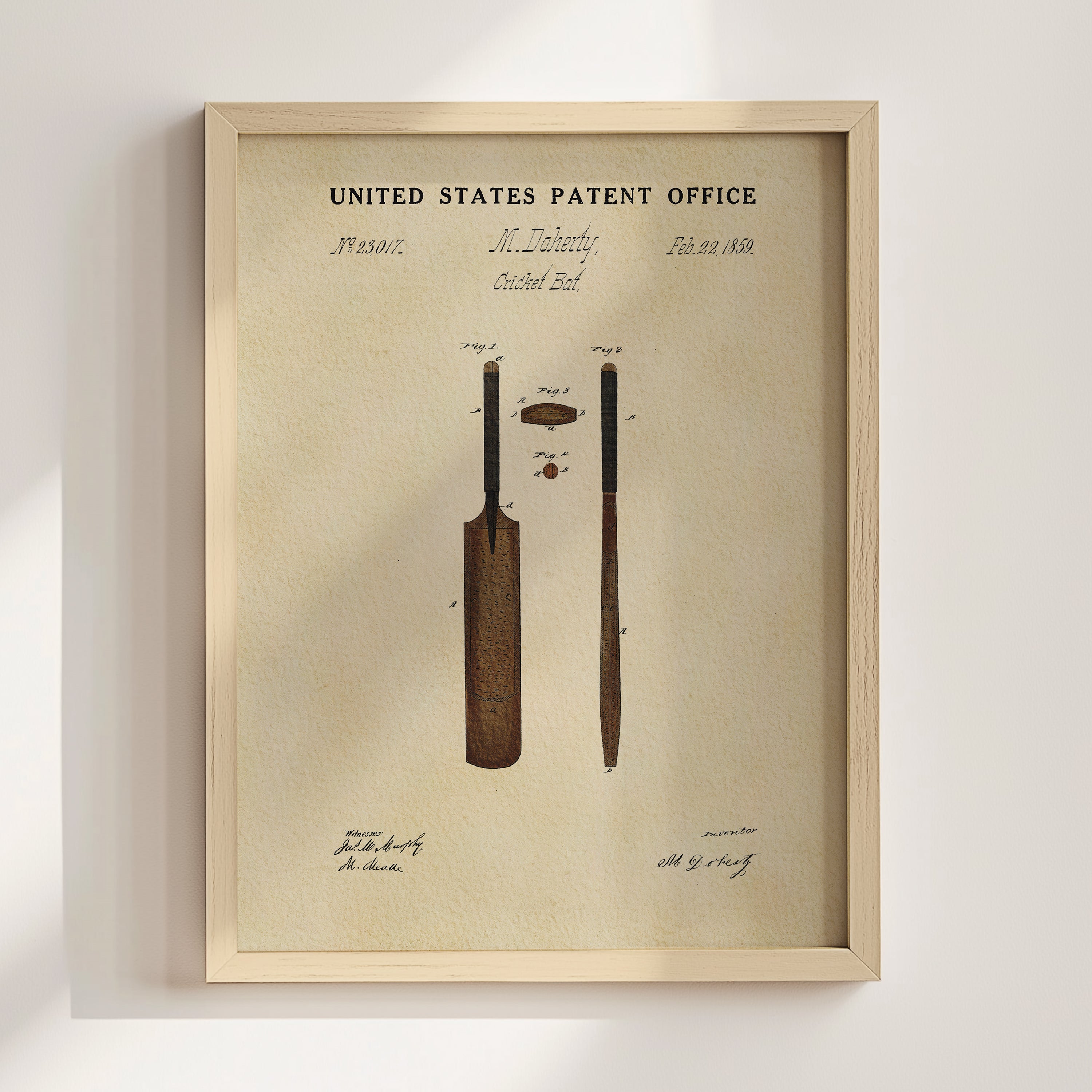 The image is a framed patent drawing depicting a cricket bat and ball.