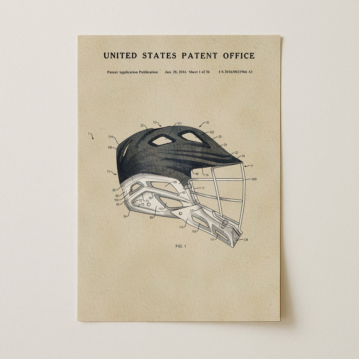A printed page from the United States Patent Office, featuring a detailed technical drawing of a lacrosse helmet.