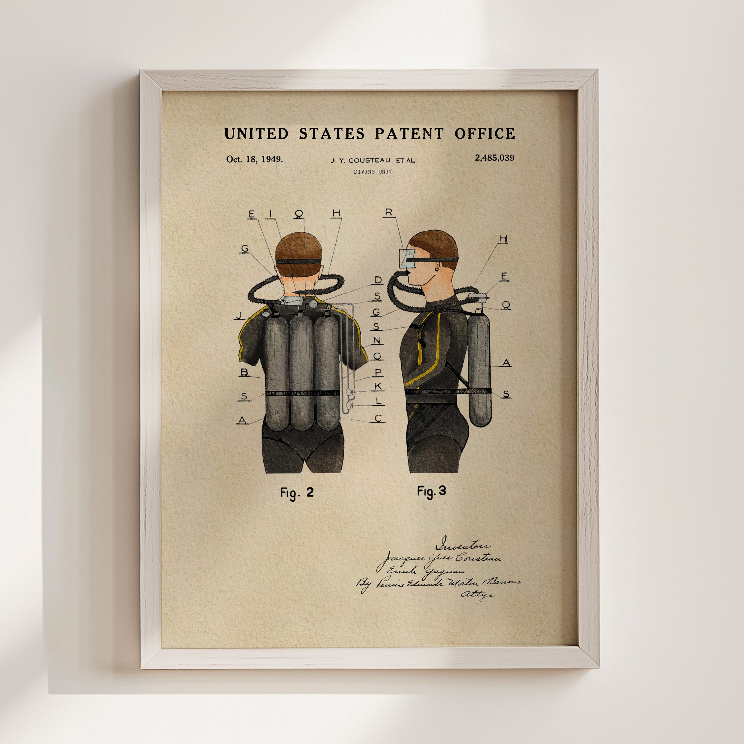 The image is a framed patent drawing depicting a scuba diving suit and equipment, including a figure and various technical drawings.