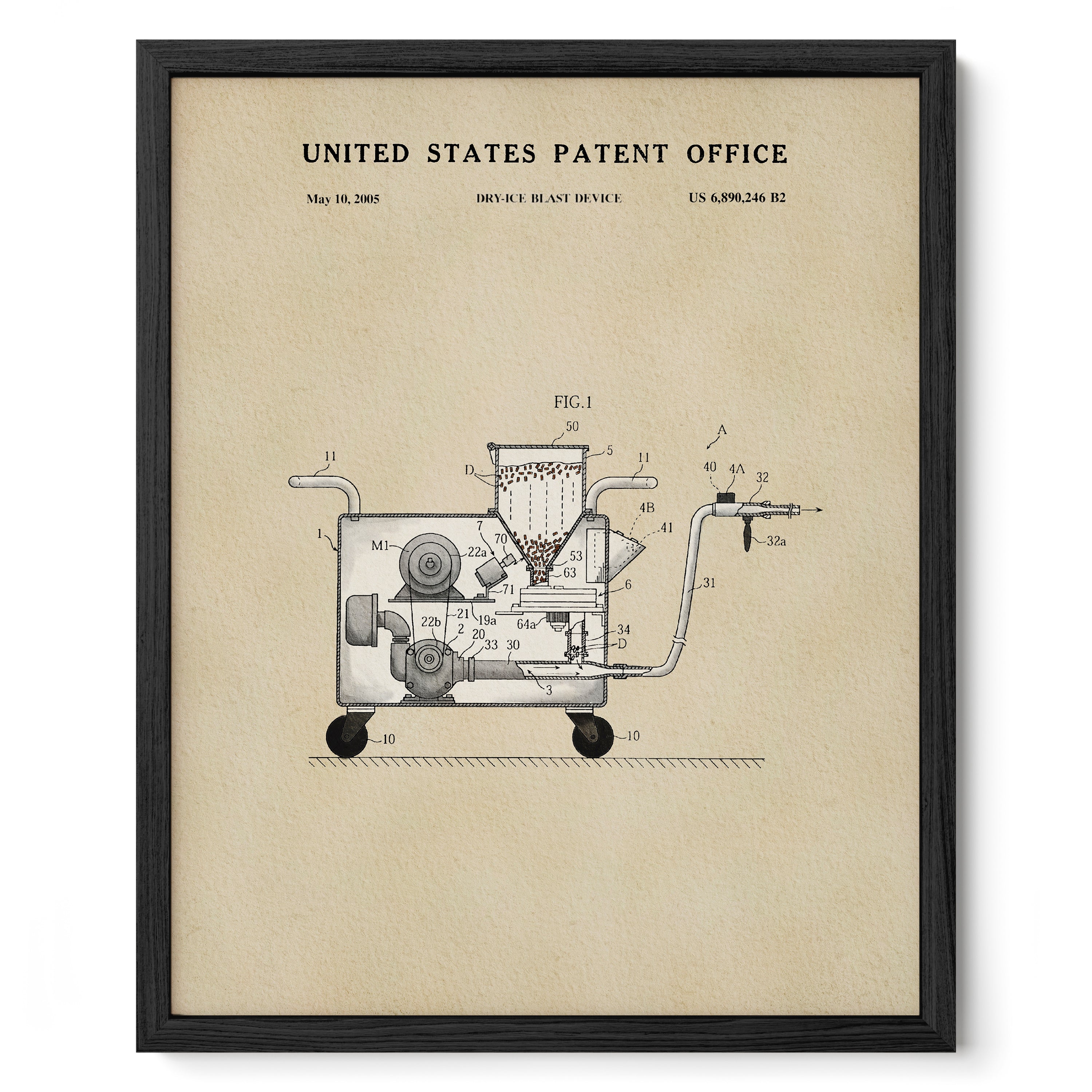 The image is a framed patent drawing depicting a machine or device with various components and parts, including a conveyor belt or cart.