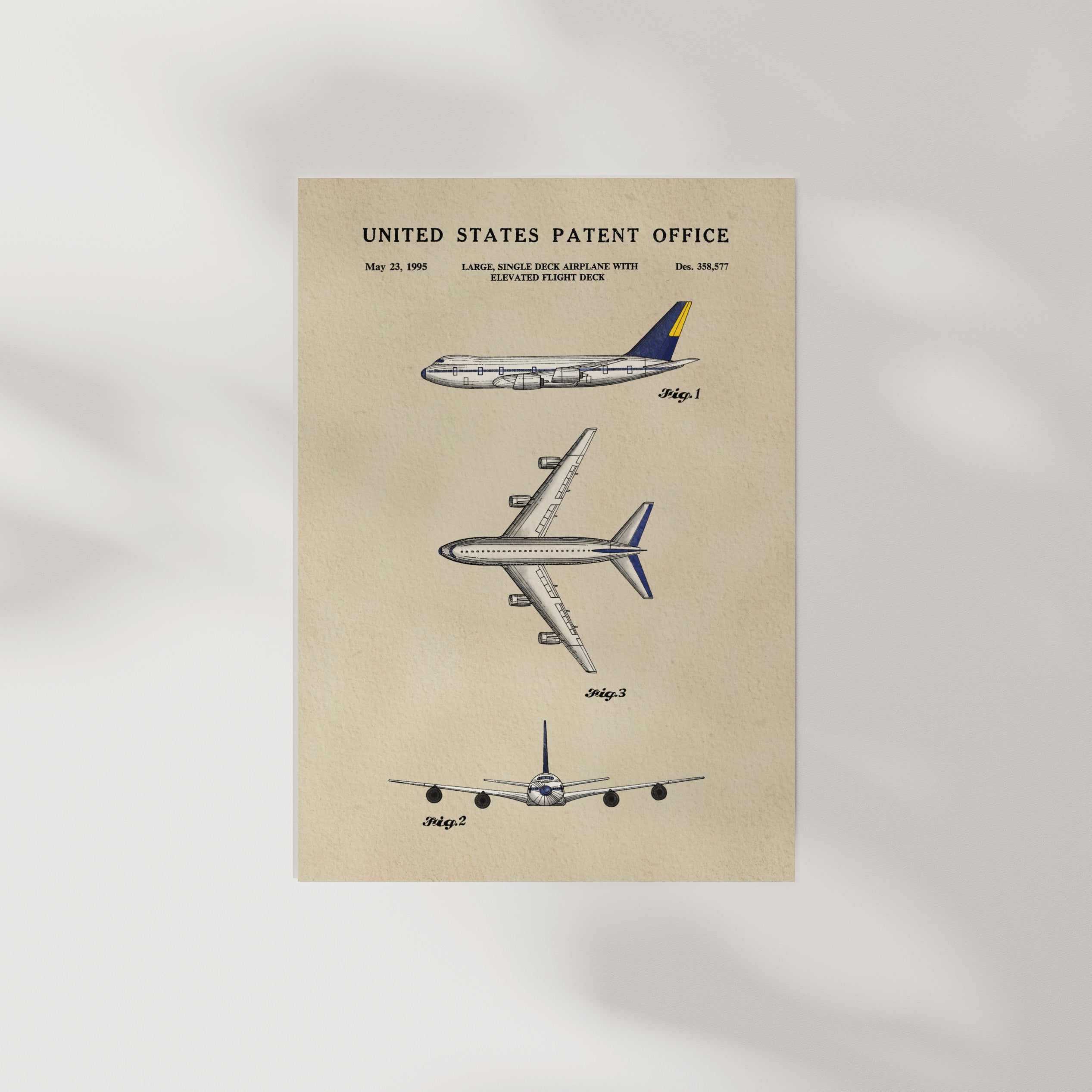 The image is a patent drawing of a large single-engine jet airliner with an elevated flight deck, featuring three different designs of the aircraft.