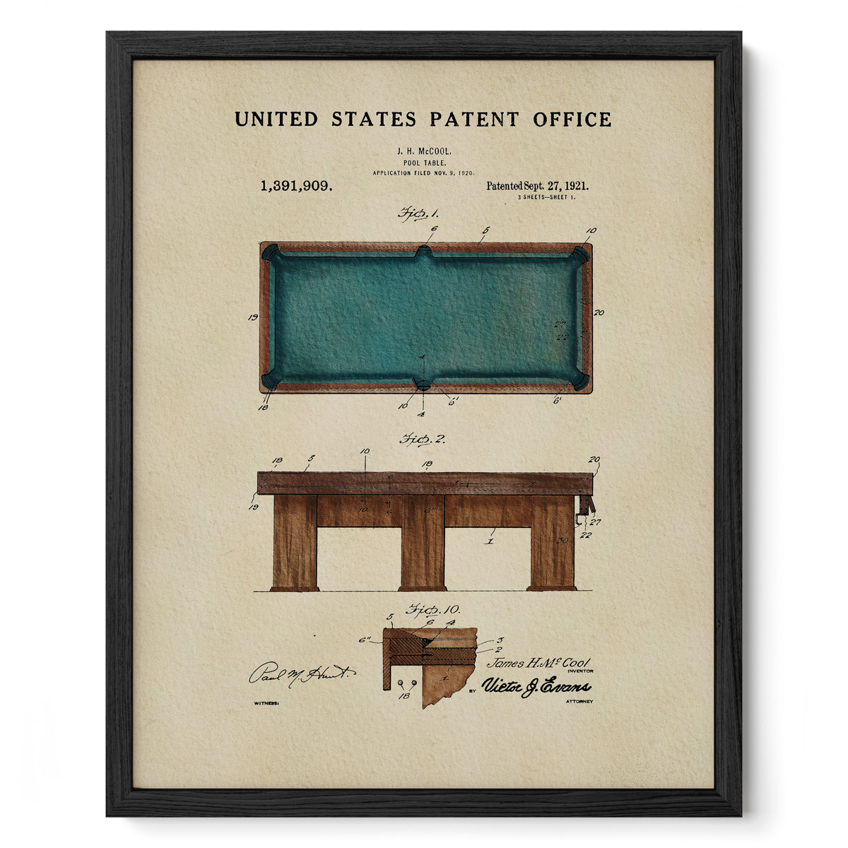 The image is a framed vintage patent drawing of a pool table, depicting the design and construction of the table and its components.