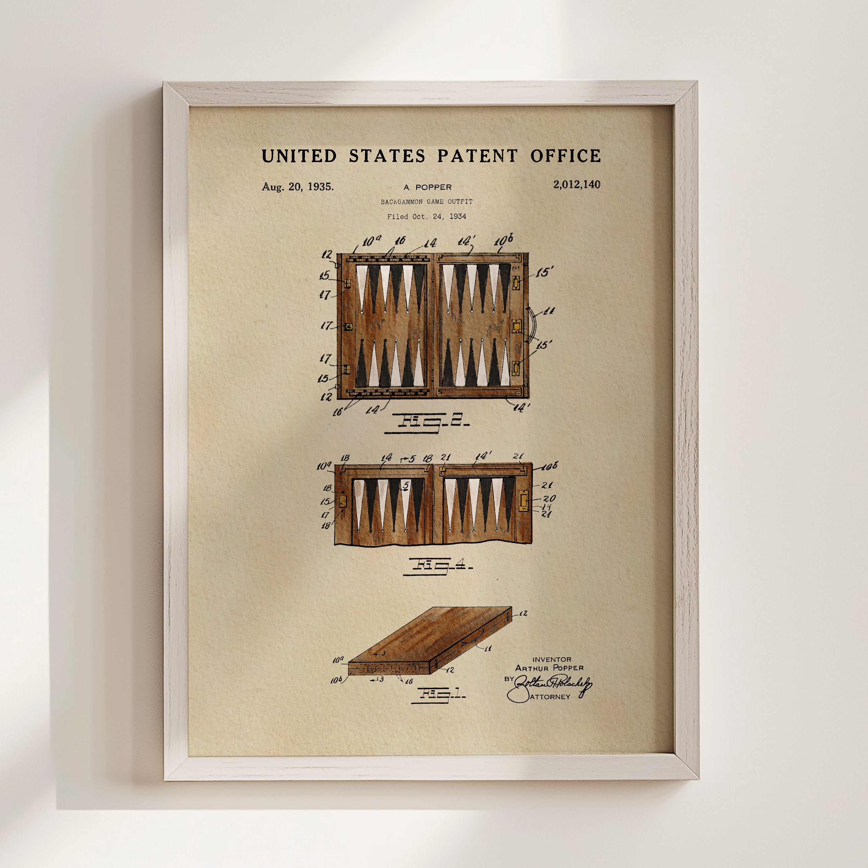 The image is a framed patent drawing depicting a backgammon game, with detailed technical drawings and annotations.