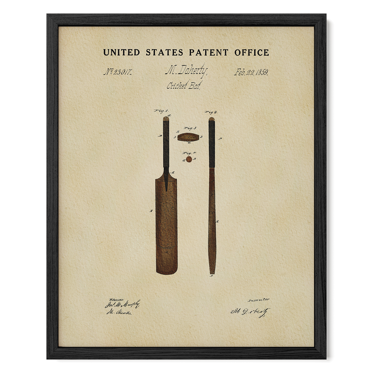 The image is a framed patent drawing depicting a cricket bat and ball, with the title 
