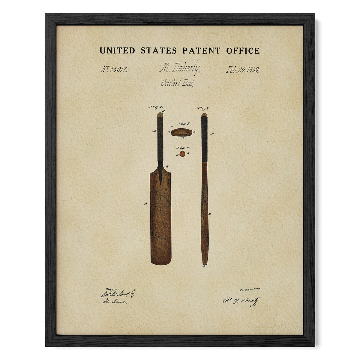 The image is a framed patent drawing depicting a cricket bat and ball, with the title "United States Patent Office" and the date "Feb 28 1839" printed on it.