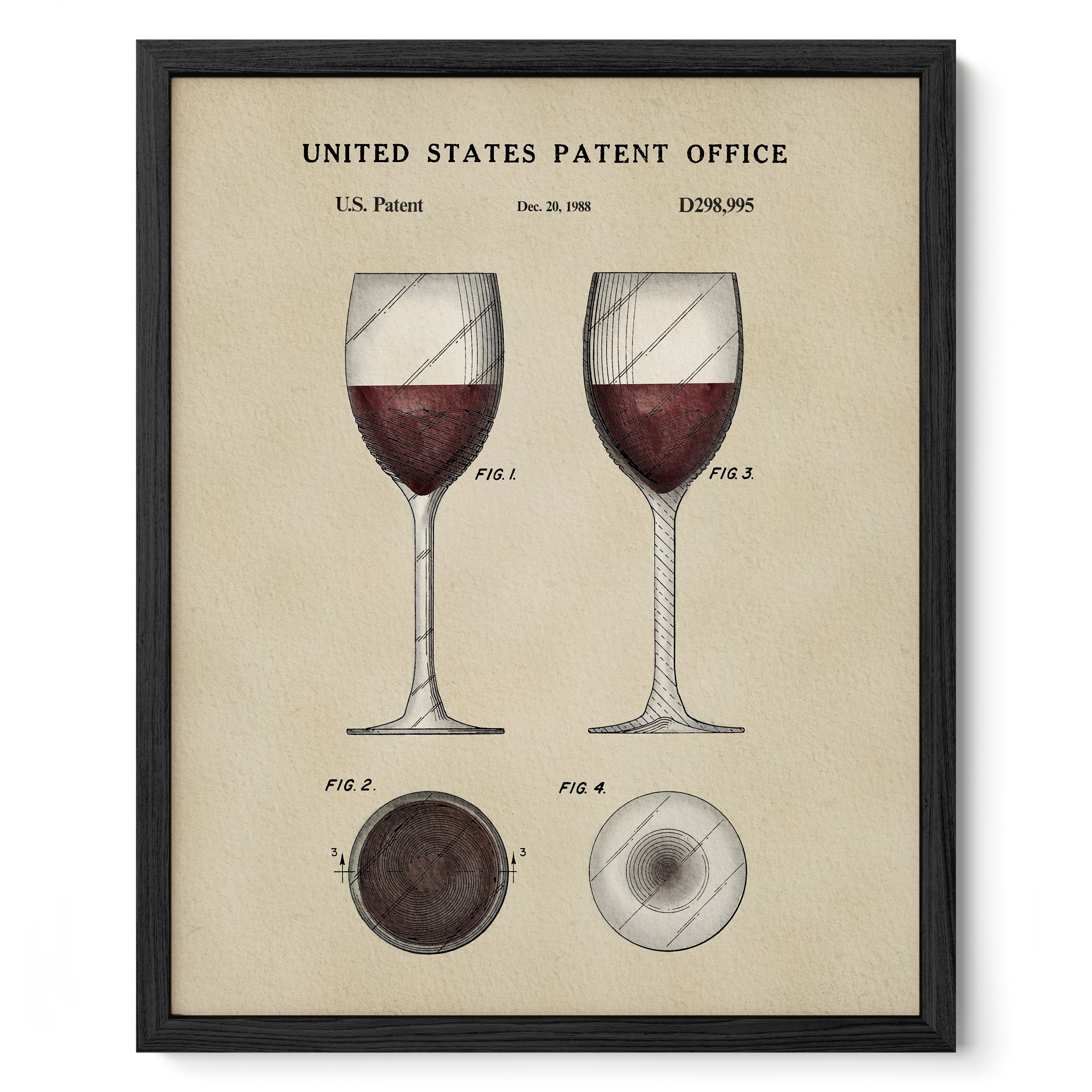 The image is a framed vintage patent drawing of a wine glass, depicting two wine glasses with red wine in them.