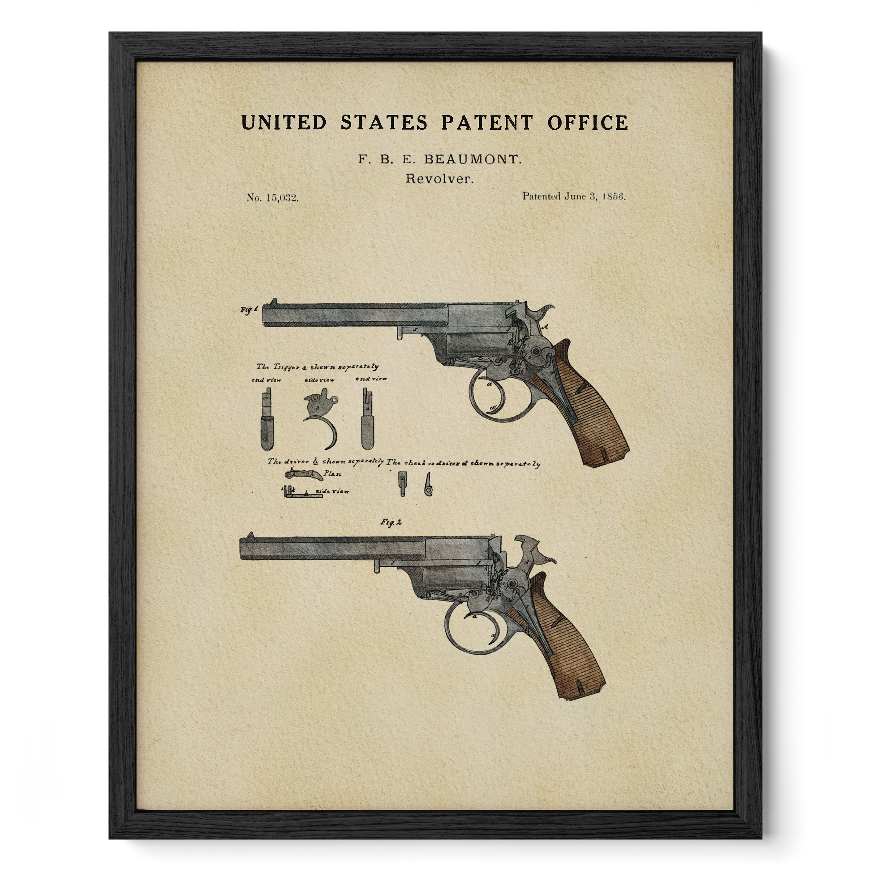 The image is a framed print of a United States patent office patent for a rifle, dated June 3, 1885.