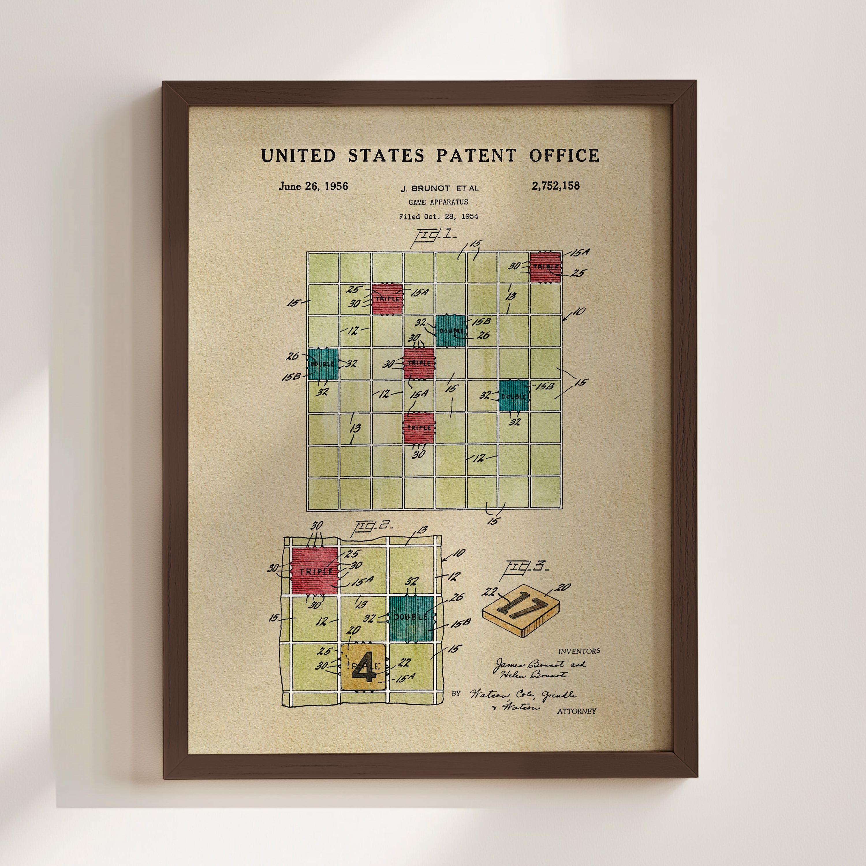 The image is a framed patent drawing from the United States Patent Office, dated June 26, 1956, and showing a detailed technical drawing of a game board with various components and markings.