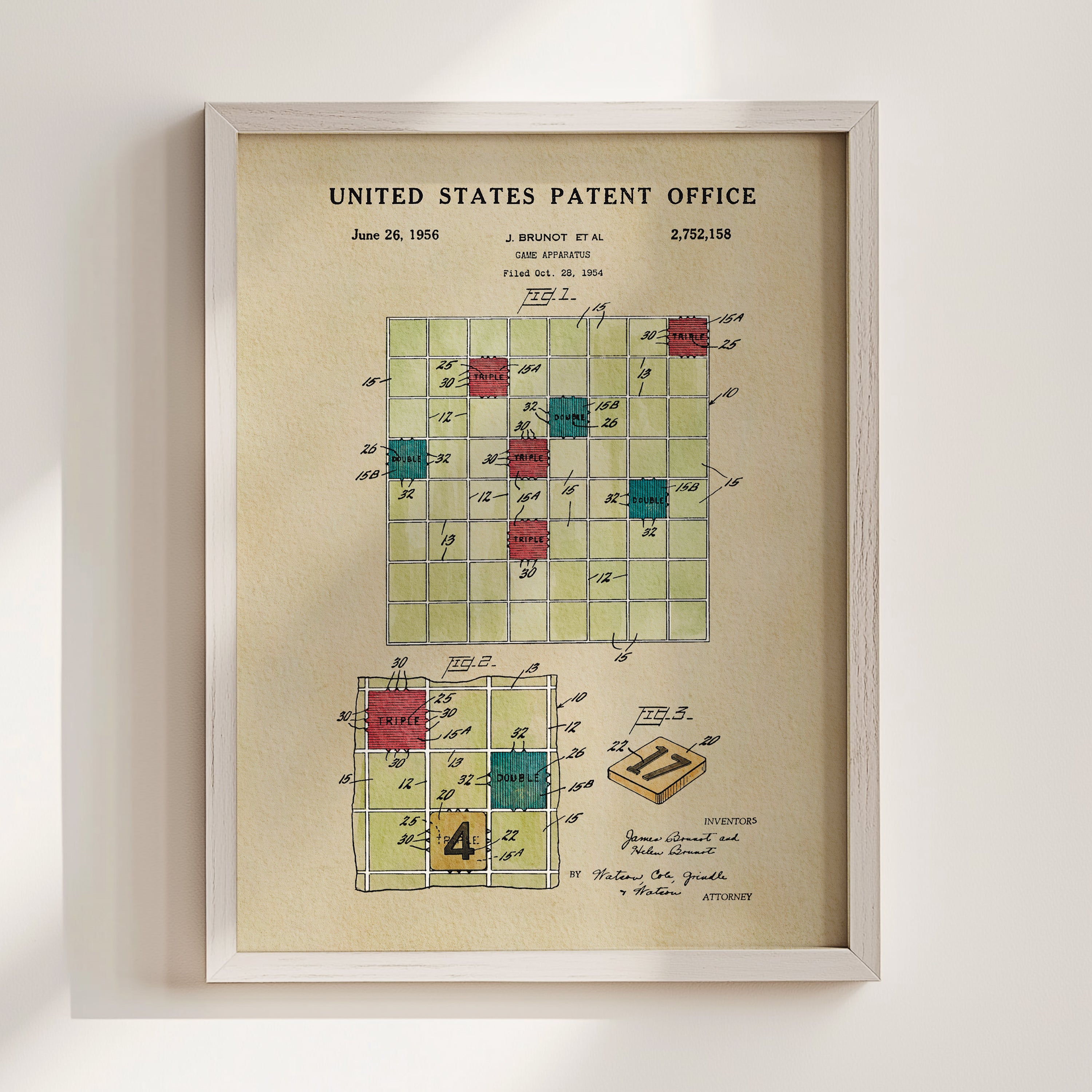 The image is a framed print of a United States patent office patent from June 26, 1956. It features a detailed technical drawing and patent application, including a grid-like pattern and various labeled elements.