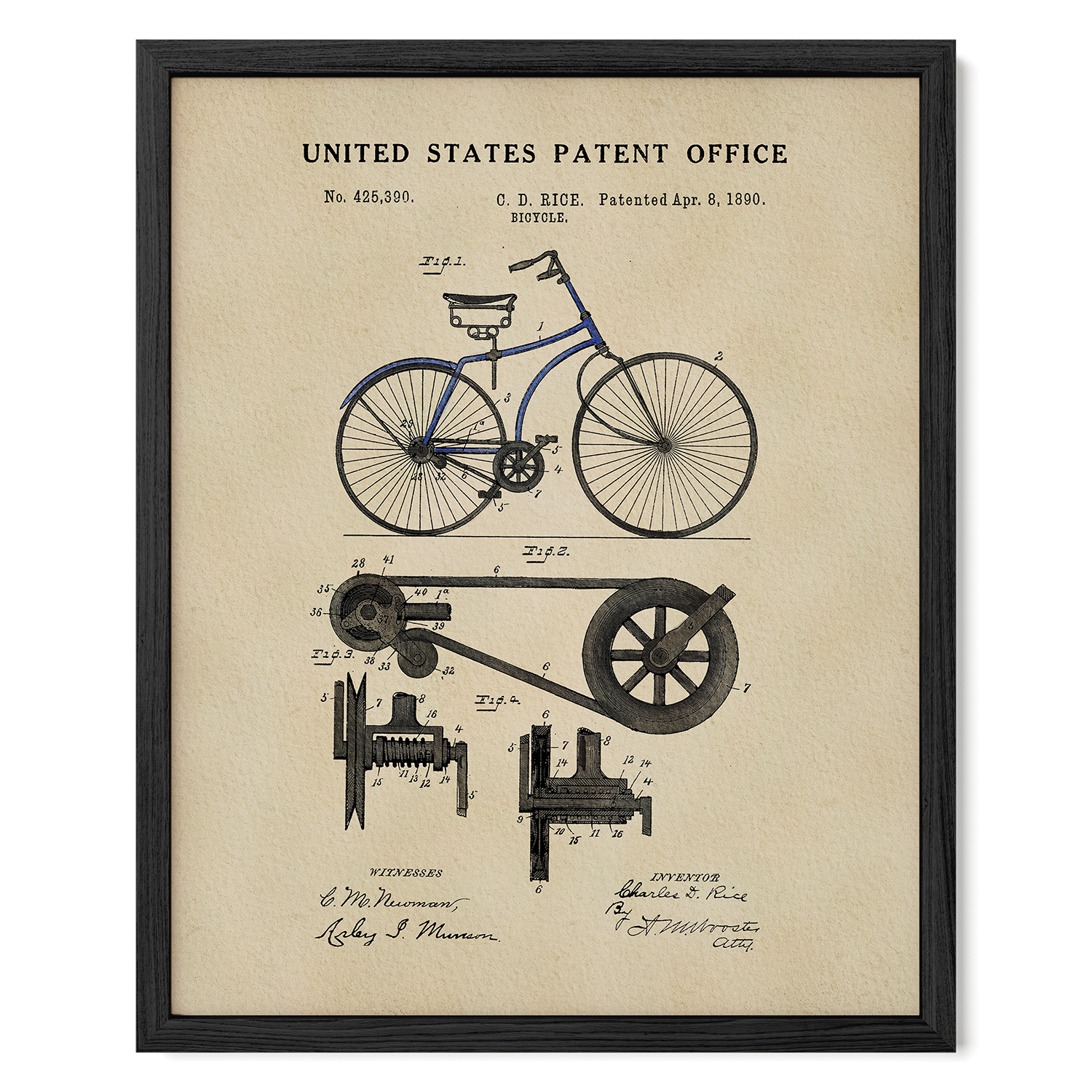 The image is a framed patent drawing of a bicycle, depicting the design and features of the bicycle.