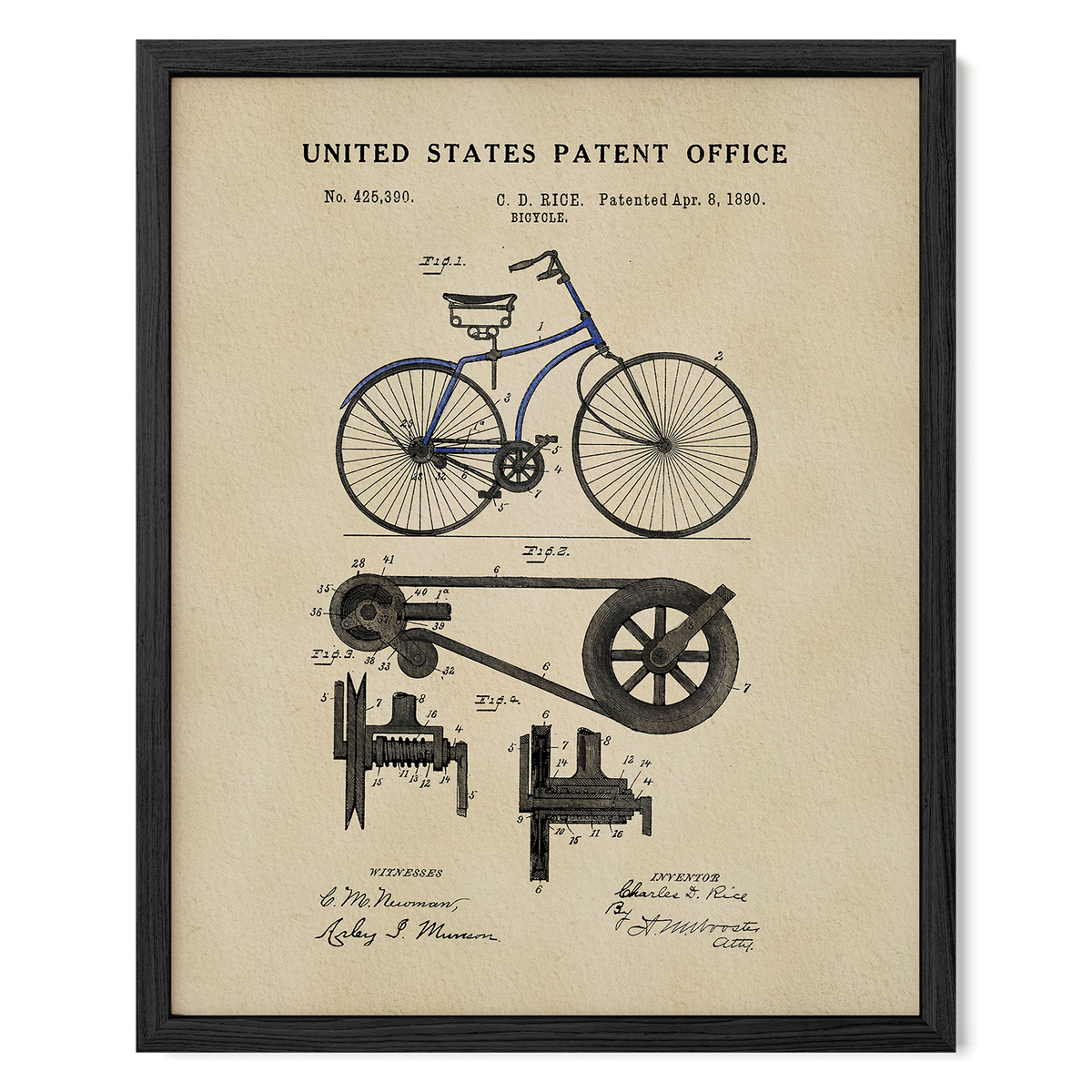 The image is a framed patent drawing of a bicycle, depicting the design and features of the bicycle.