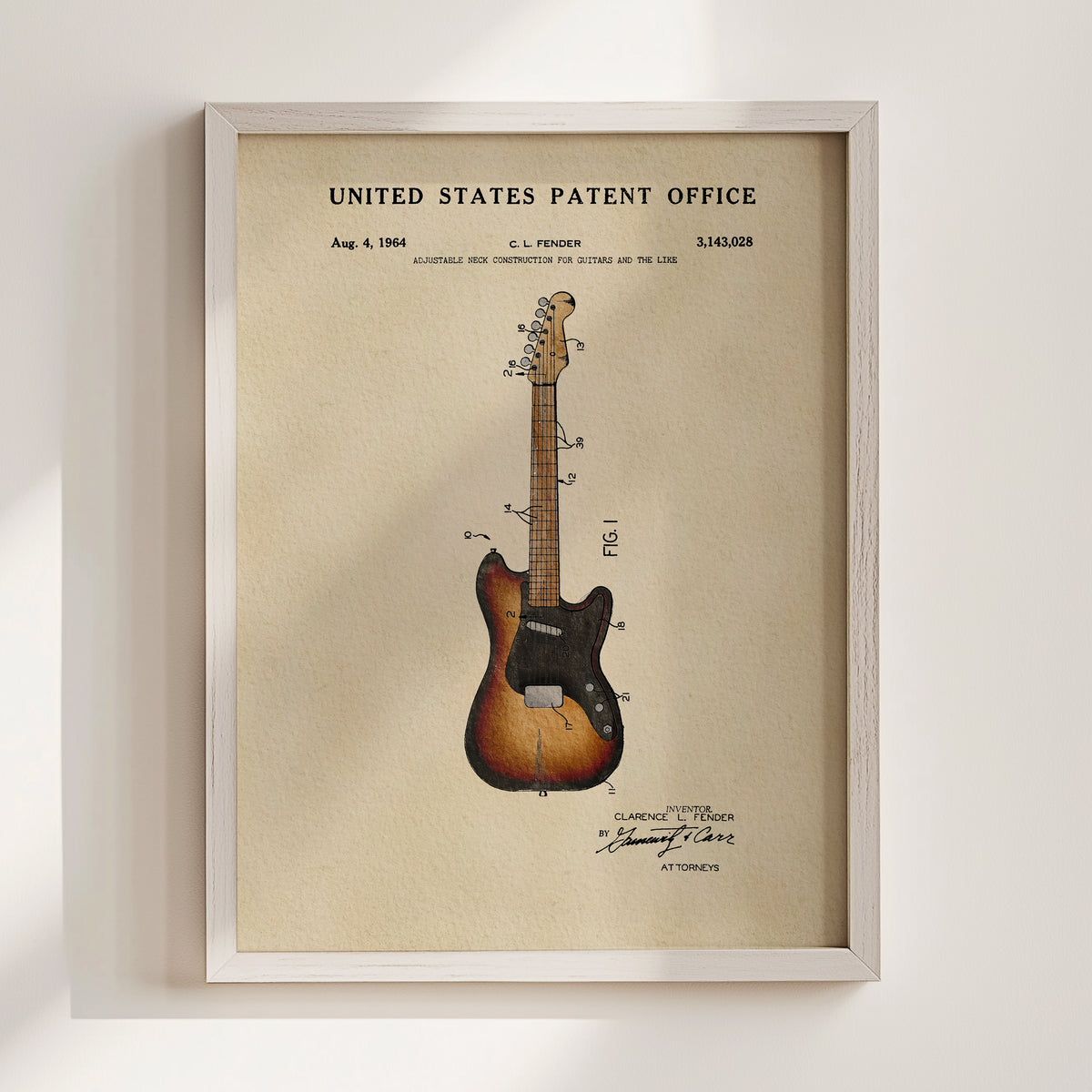 The image is a framed patent drawing of a guitar, depicting the design and construction of the guitar.