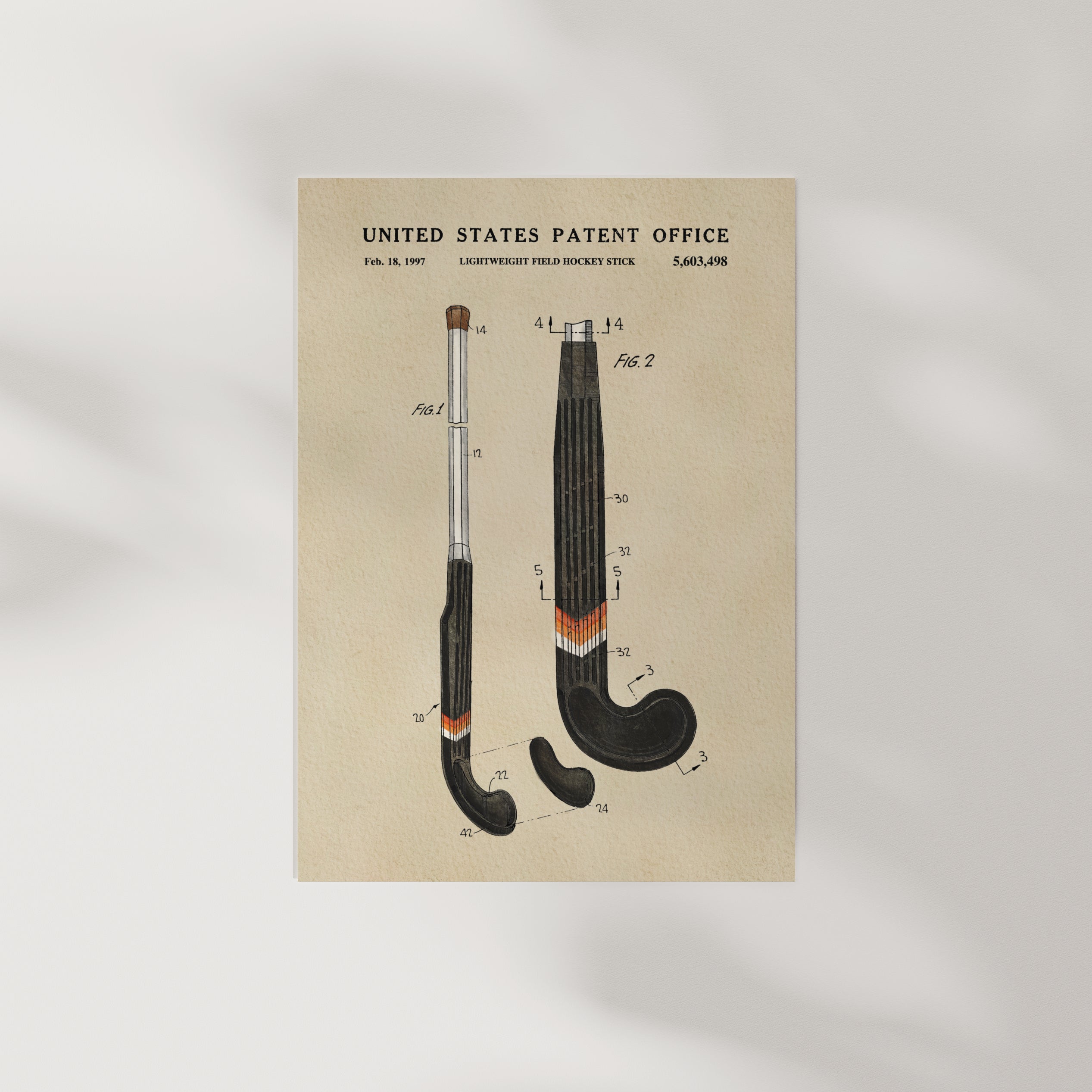 The image is a patent drawing of a lightweight field hockey stick, depicting two different designs of the stick with detailed technical drawings and measurements.