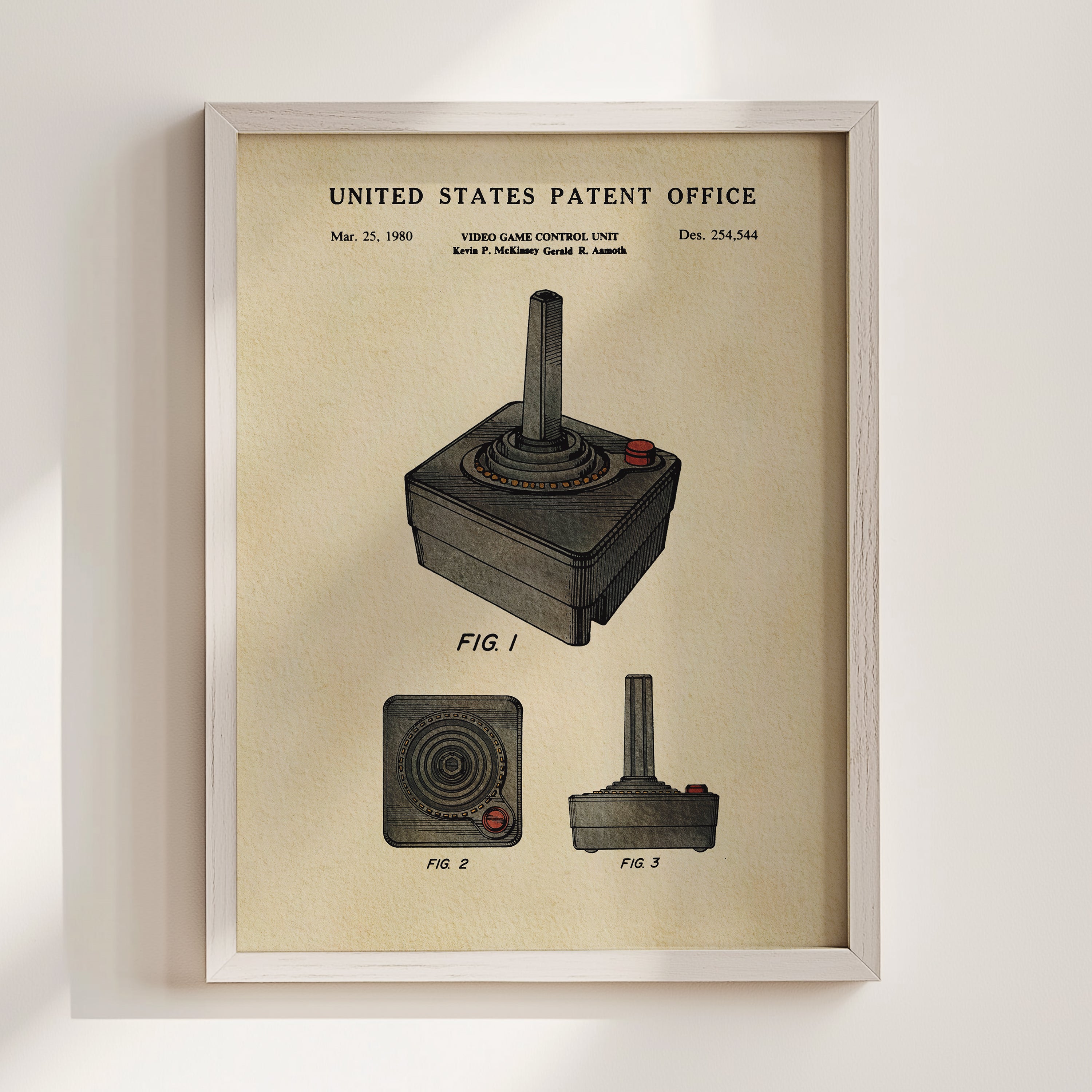 The image is a framed patent drawing of a video game controller, specifically a joystick, with various technical drawings and text.