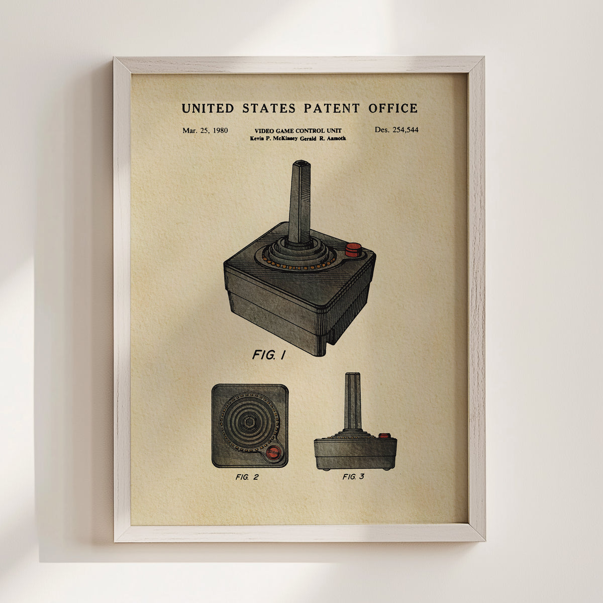 The image is a framed patent drawing of a video game controller, specifically a joystick, with various technical drawings and text.