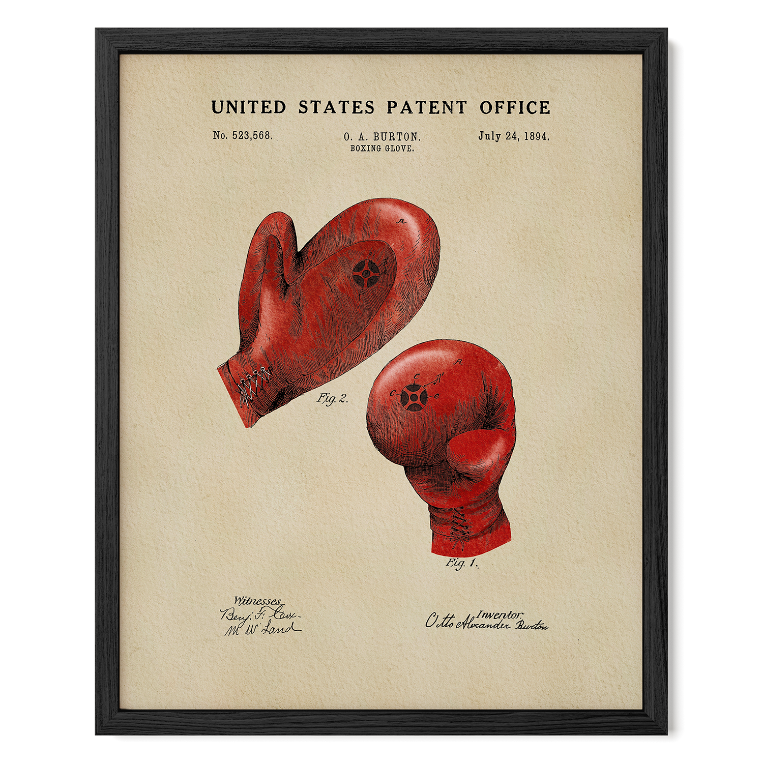 The image is a framed print of a United States patent from July 24, 1994, depicting two red boxing gloves.