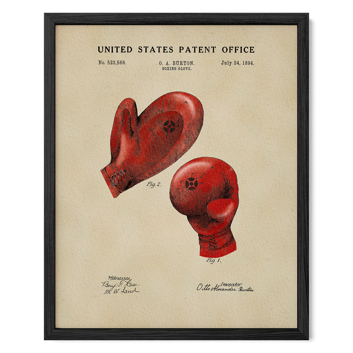 The image is a framed print of a United States patent from July 24, 1994, depicting two red boxing gloves.