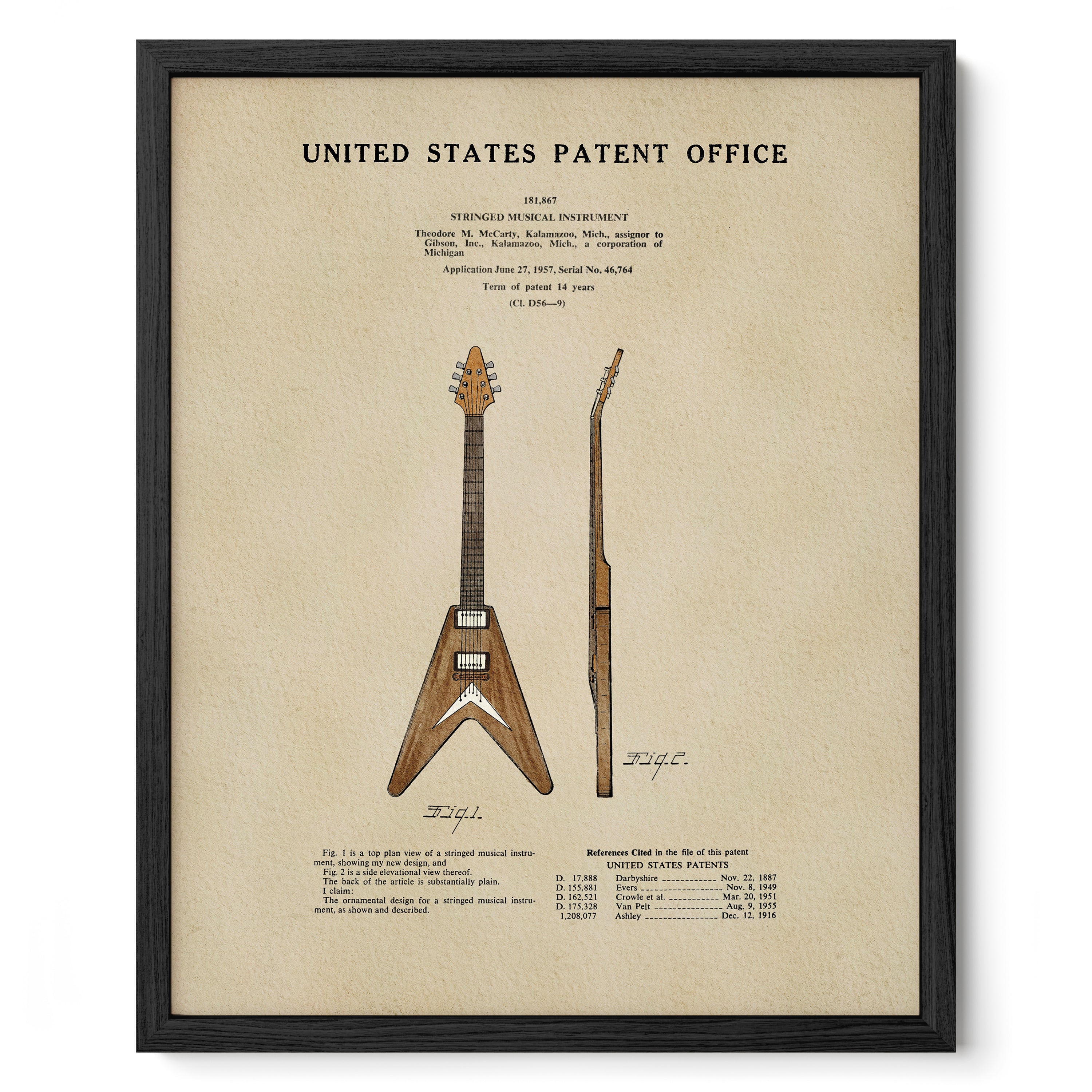 The image is a framed print of a patent application for a guitar, specifically a guitar with a v-shaped body and a flat top.