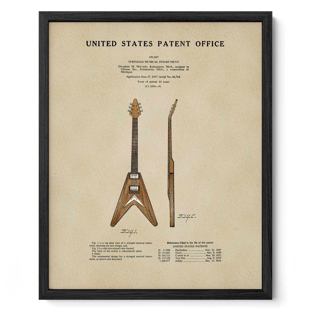 The image is a framed print of a patent application for a guitar, specifically a guitar with a v-shaped body and a flat top.