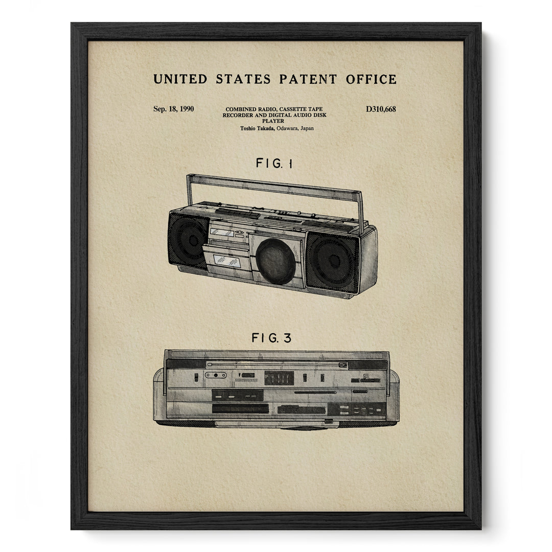 The image is a framed patent drawing of a radio cassette tape, depicting the design and features of the cassette tape.