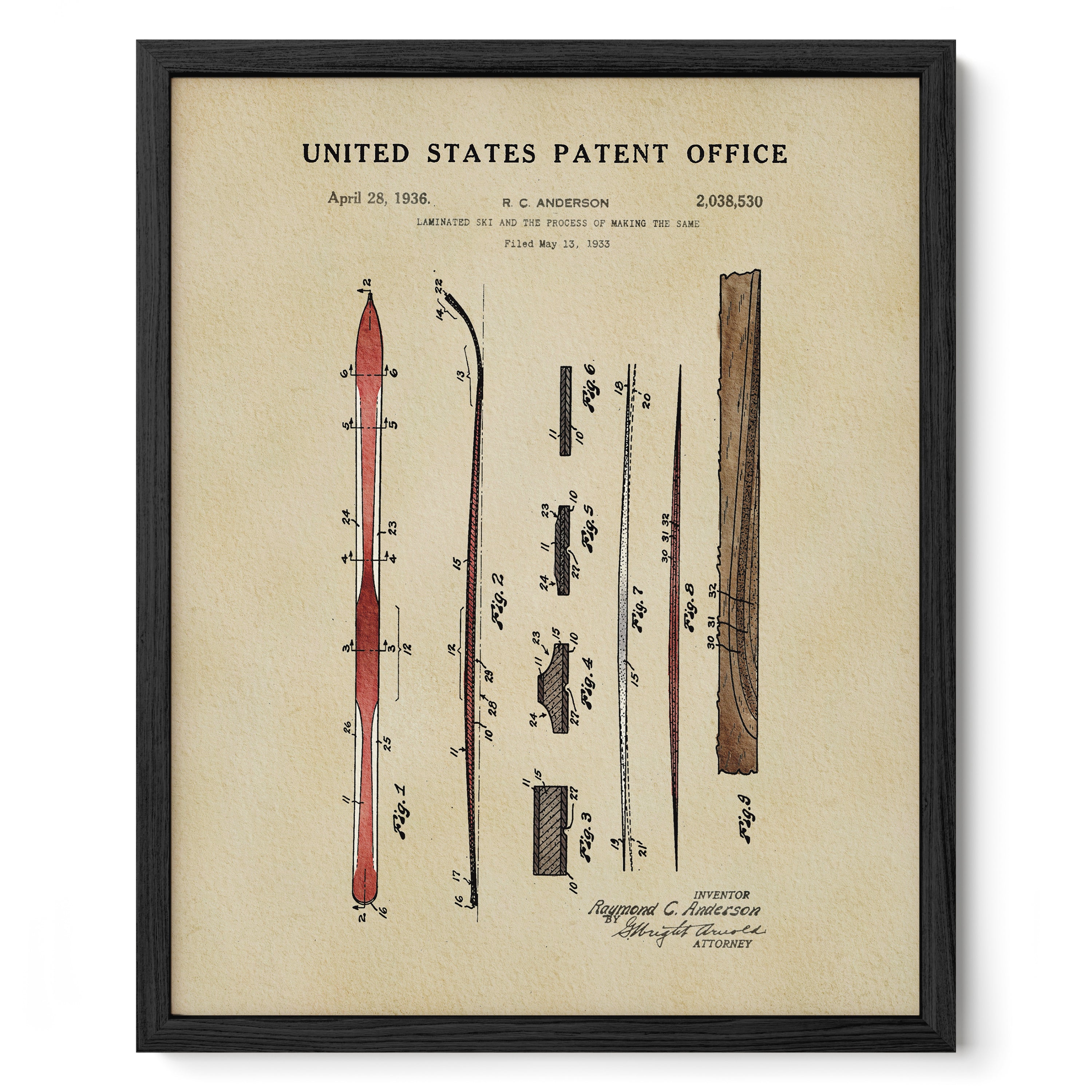 The image is a framed patent drawing from the United States Patent Office, depicting a ski and the process of making the same.