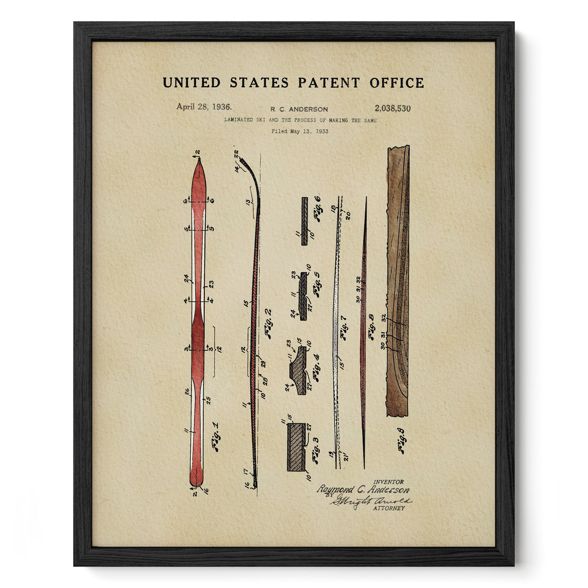 The image is a framed patent drawing from the United States Patent Office, depicting a ski and the process of making the same.