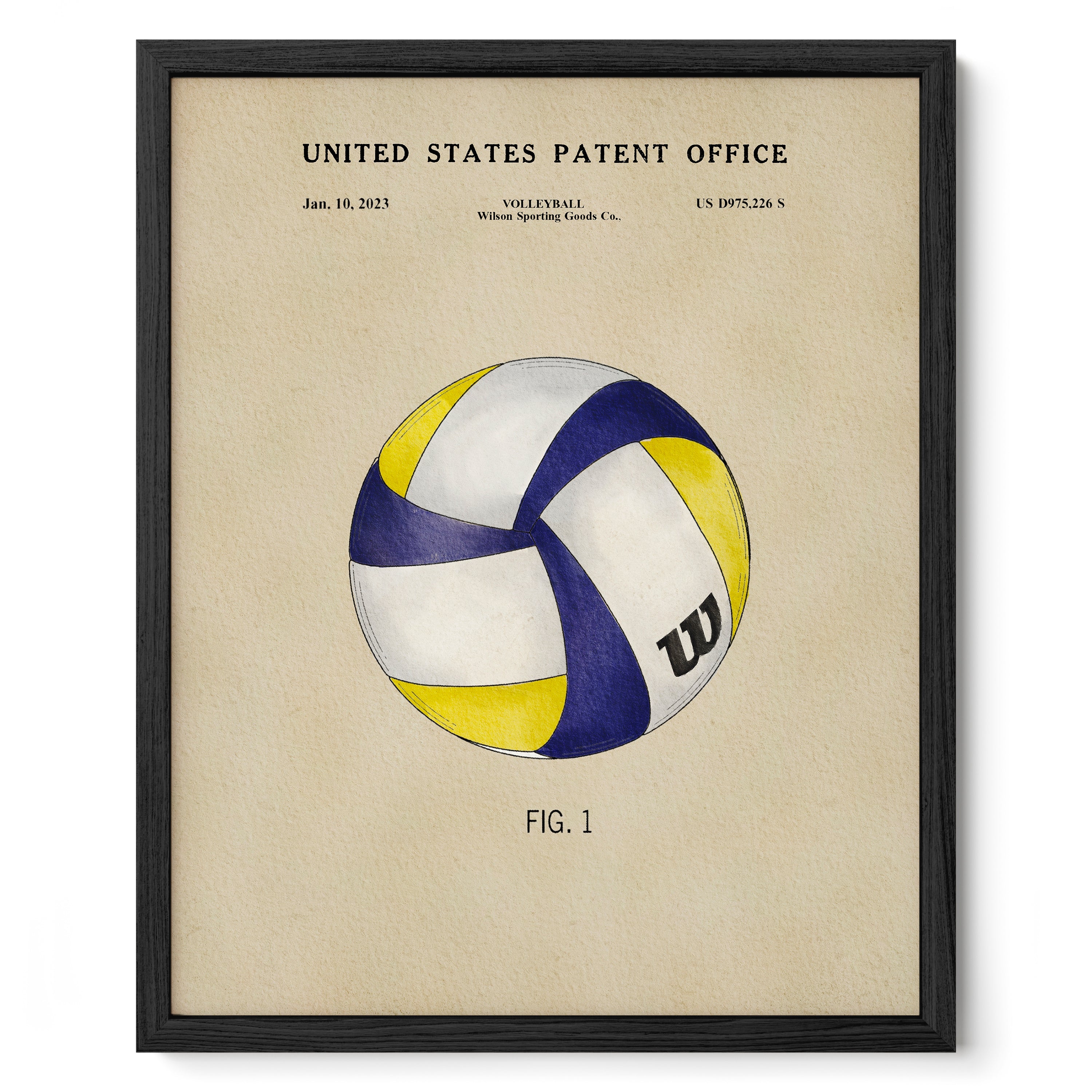 The image is a framed print featuring a volleyball patent from the United States Patent Office dated January 10, 1923.