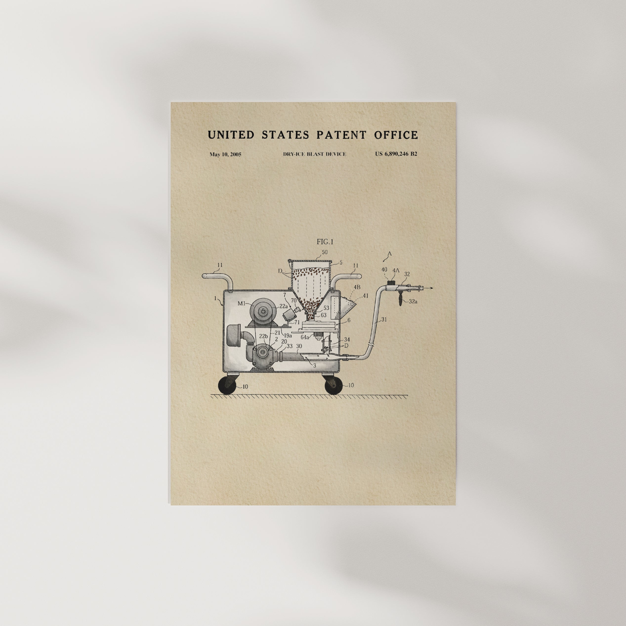 The image is a vintage United States patent office patent drawing depicting a machine or device with various mechanical components and parts.