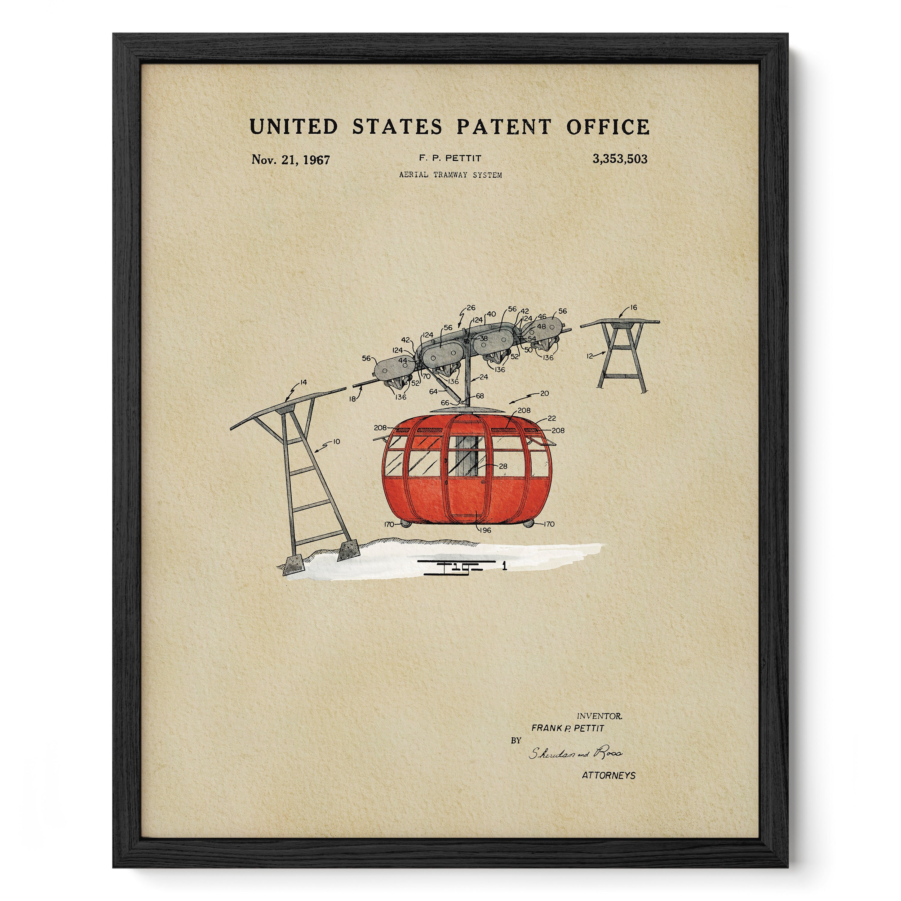 The image is a framed print of a United States patent office patent from November 21, 1967, titled "AERIAL TRAMPoline Aerial Tram System".